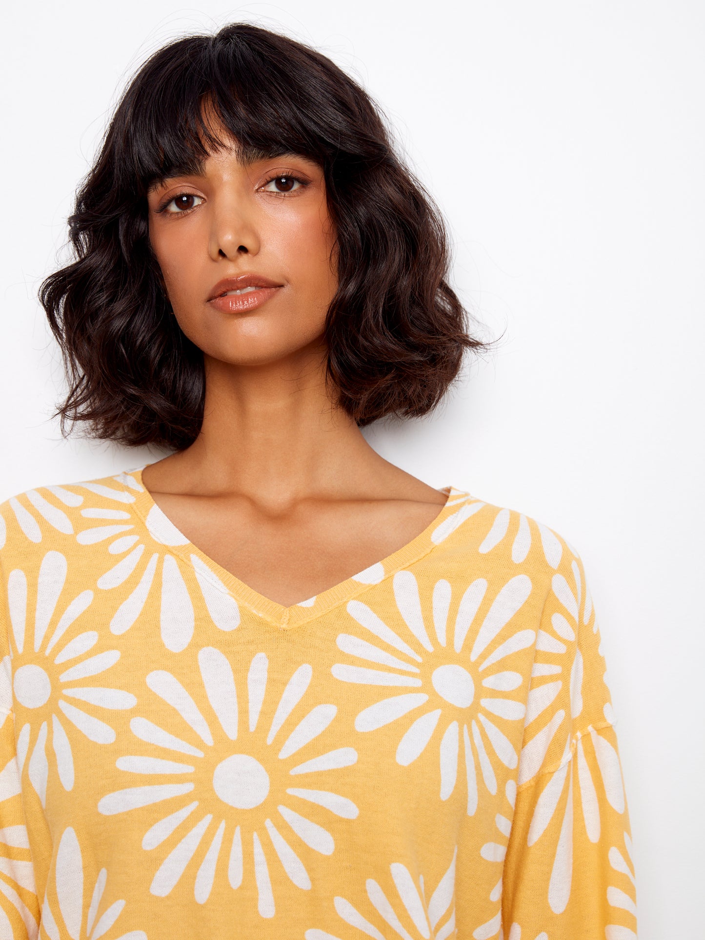 Charlie B Long Sleeve Reversible Printed V-Neck Sweater Sunkiss C2968-261B-P800
