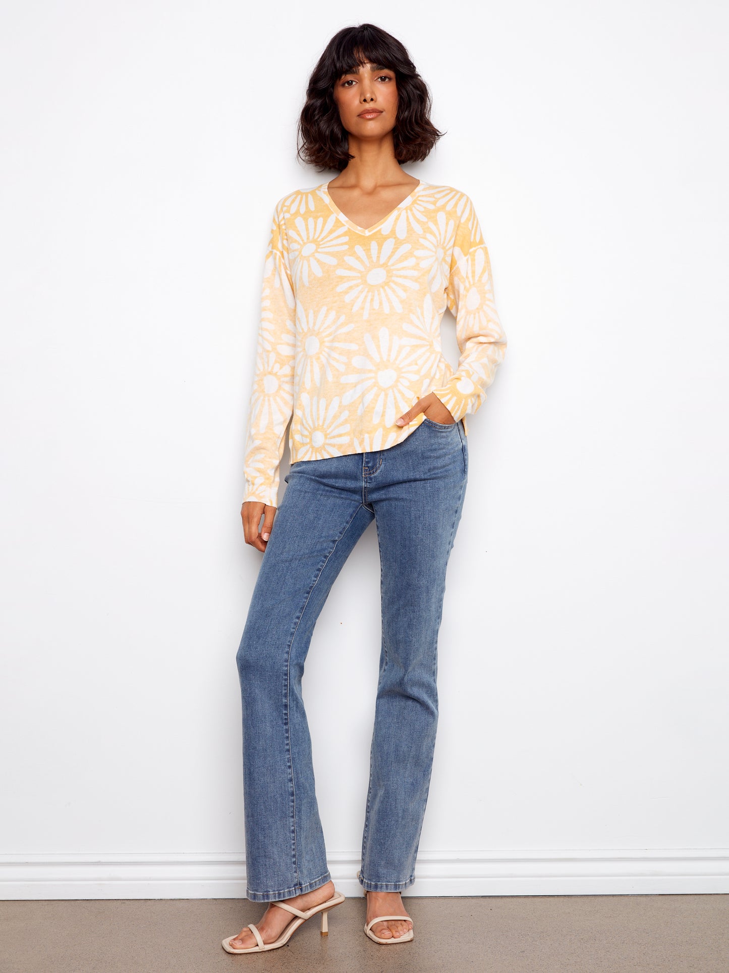 Charlie B Long Sleeve Reversible Printed V-Neck Sweater Sunkiss C2968-261B-P800