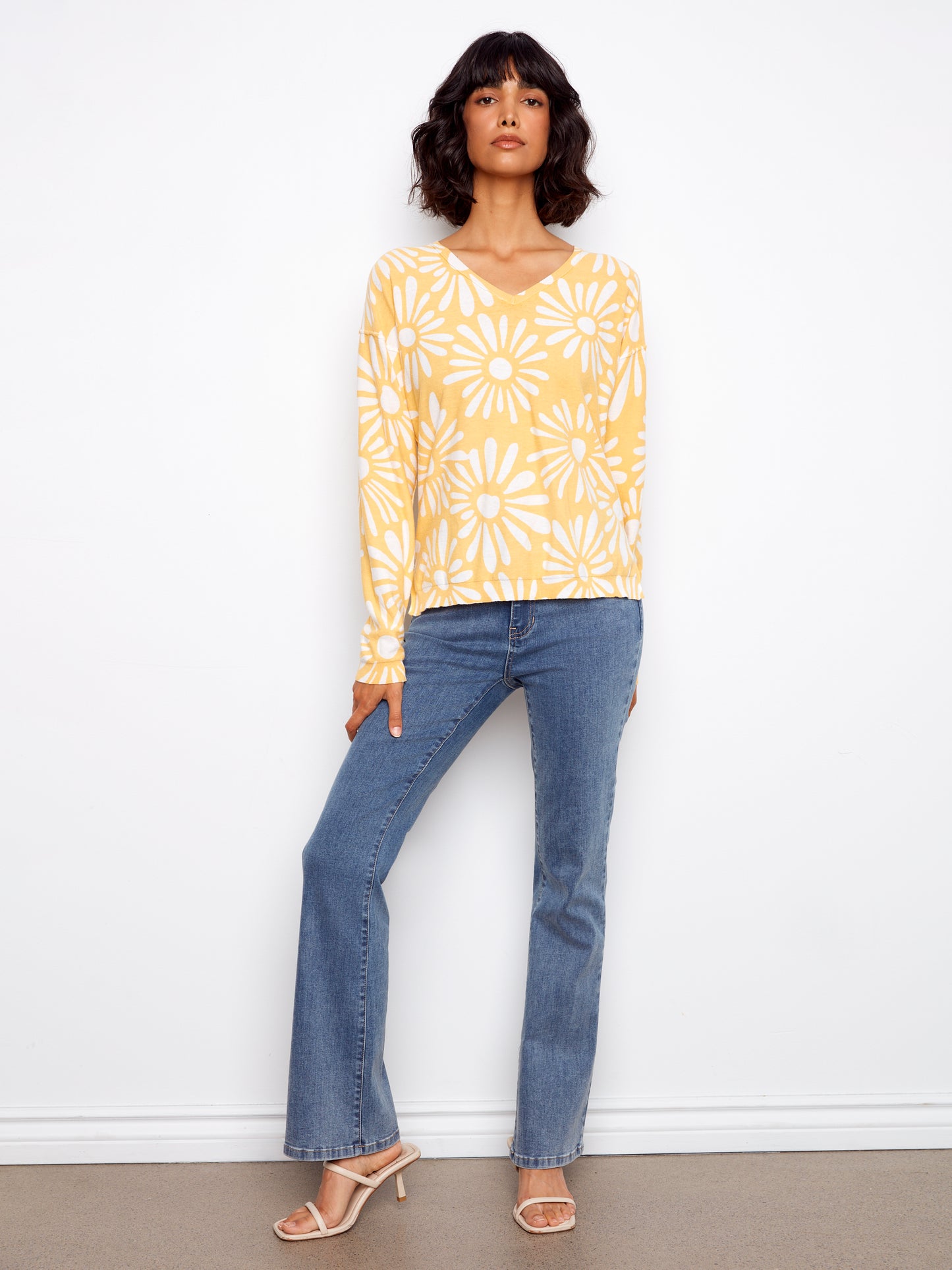 Charlie B Long Sleeve Reversible Printed V-Neck Sweater Sunkiss C2968-261B-P800