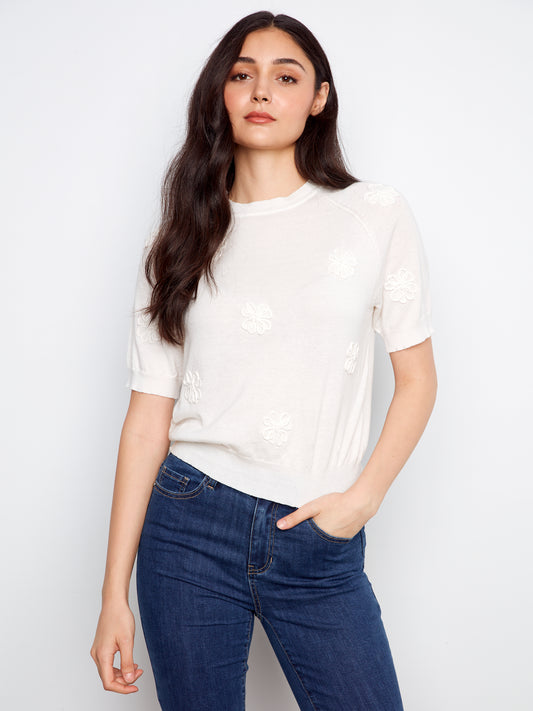 Charlie B Raglan Elbow Sleeve Sweater w/Flowers Soutache Detail White C2969-626B-002