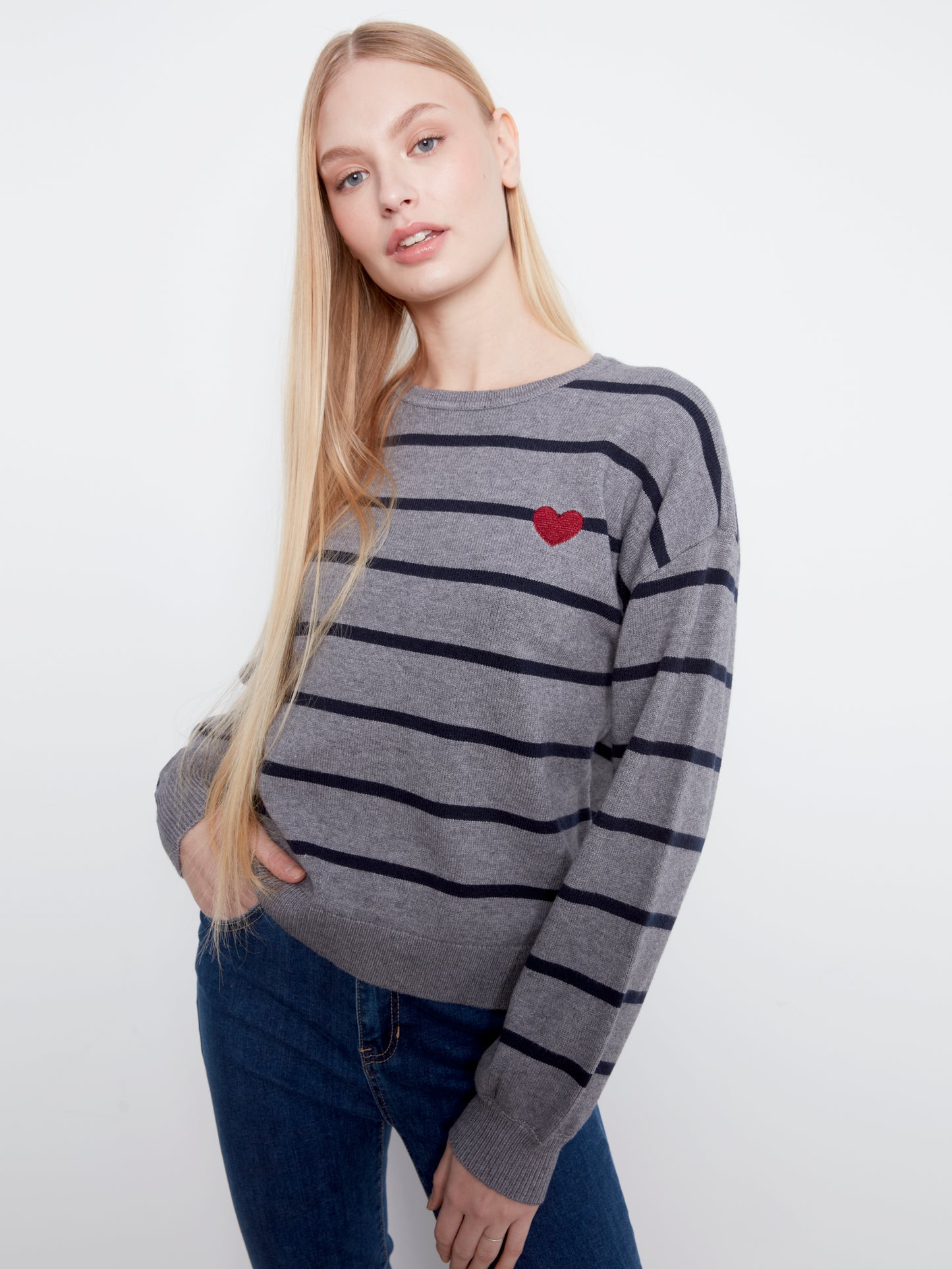 Charlie B Plush L/S Crew Neck Sweater w/Heart Embroidery Med. H. Grey C2985R-736A-P920
