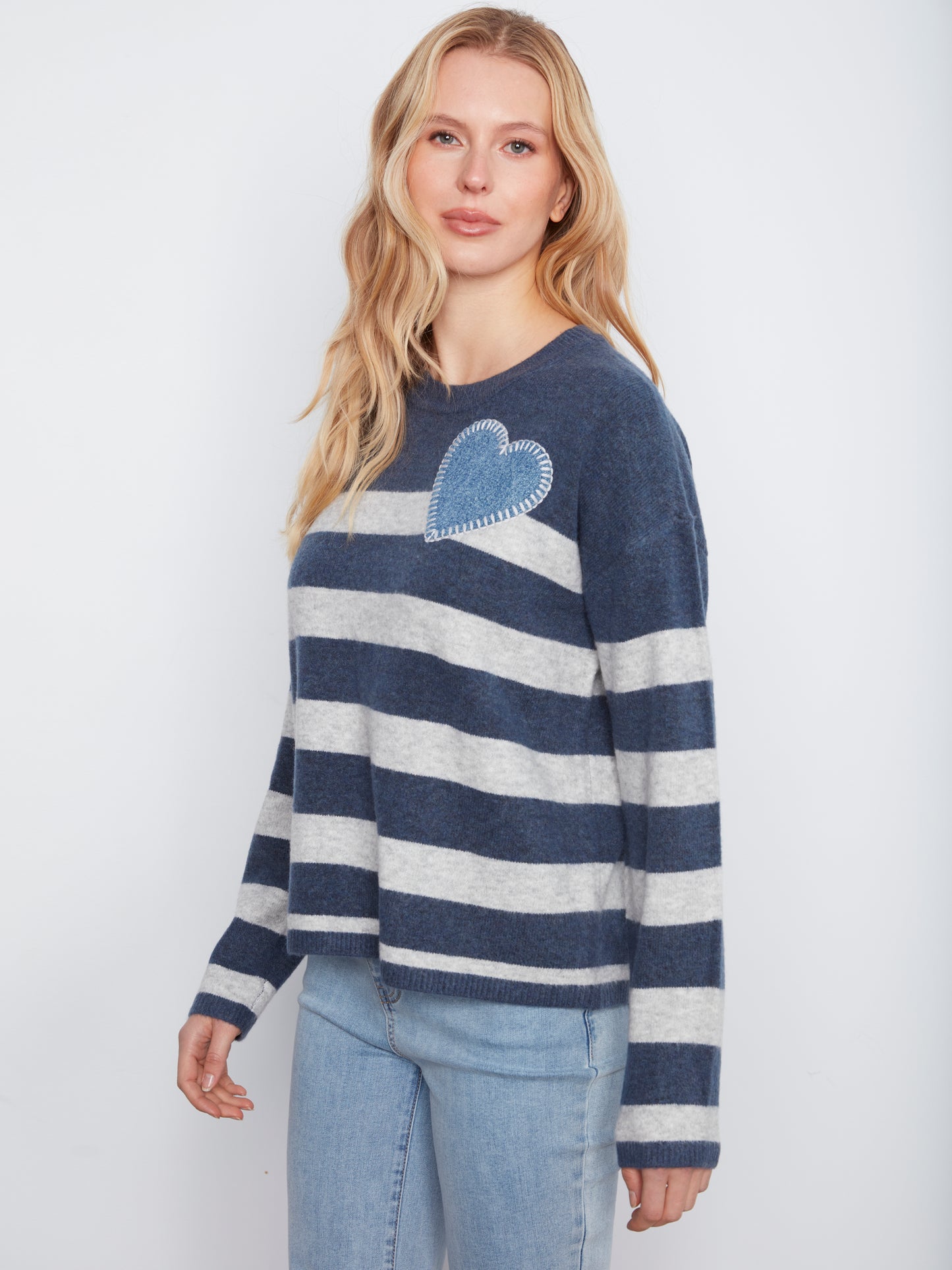 Charlie B L/S Drop Shoulder Striped Sweater w/Heart Patch H. Denim C2990-018C-430