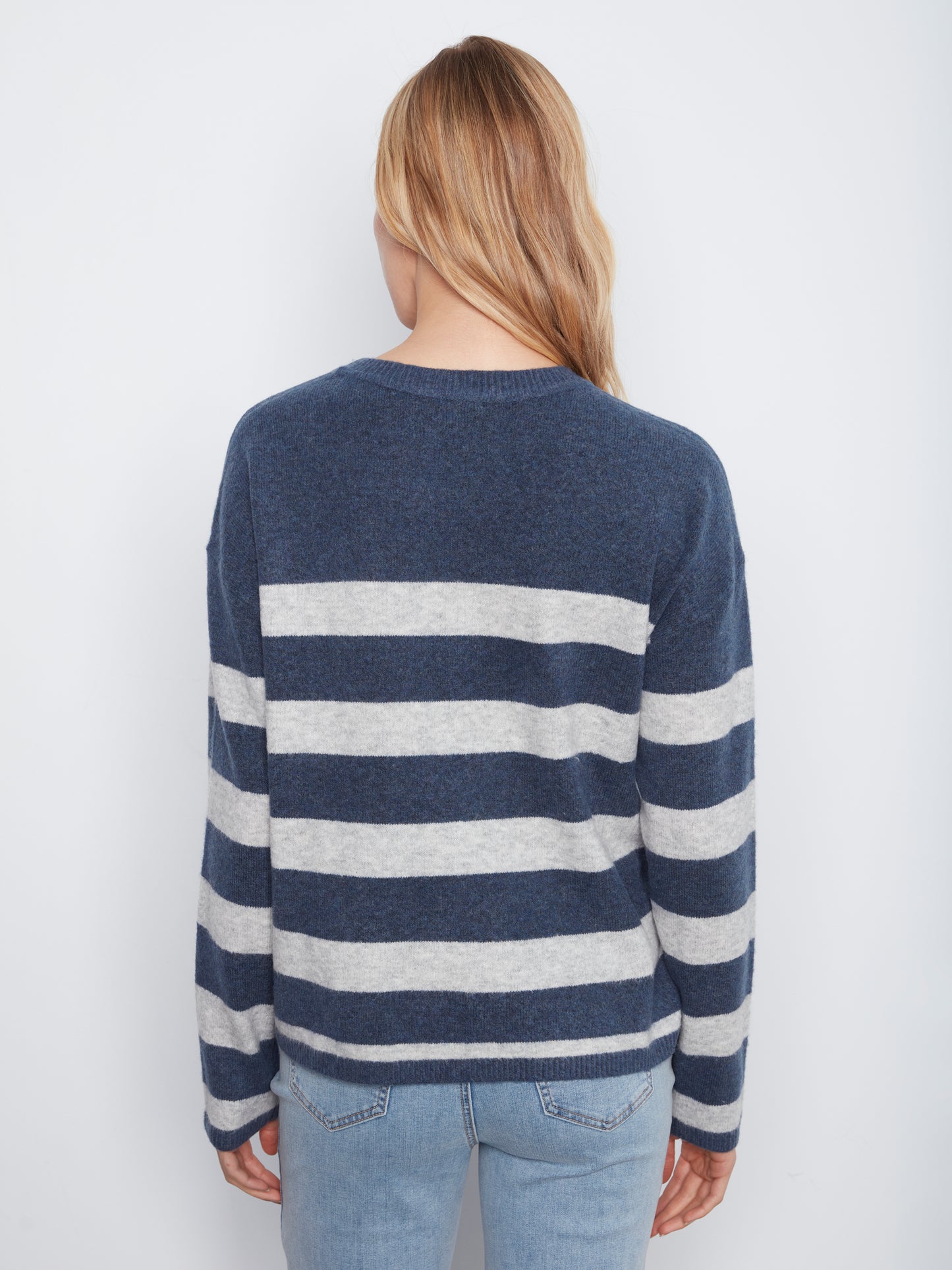 Charlie B L/S Drop Shoulder Striped Sweater w/Heart Patch H. Denim C2990-018C-430