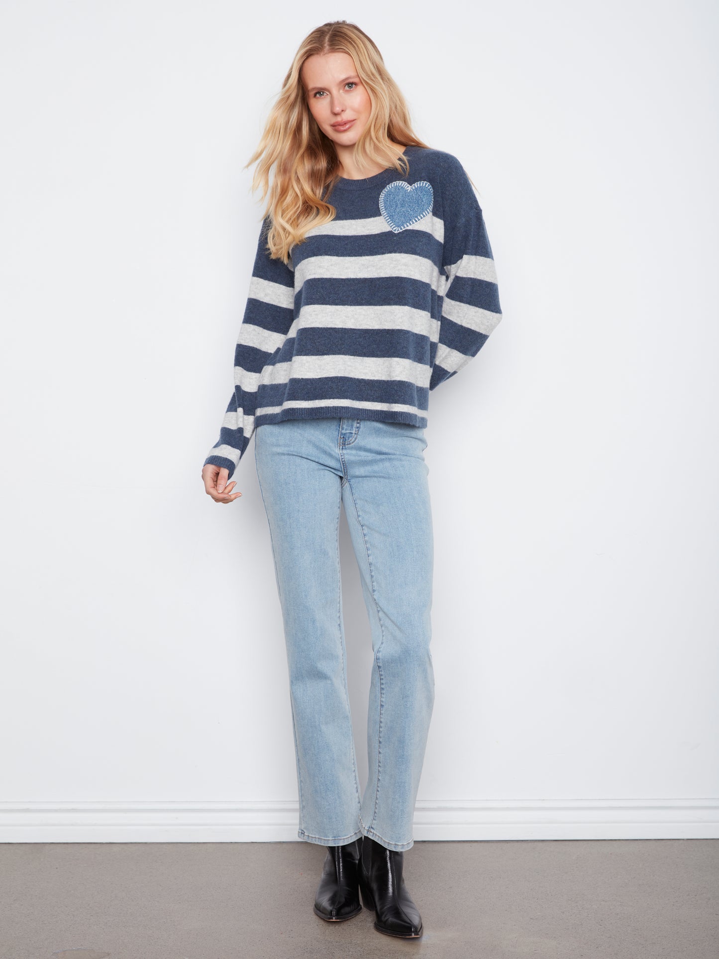 Charlie B L/S Drop Shoulder Striped Sweater w/Heart Patch H. Denim C2990-018C-430