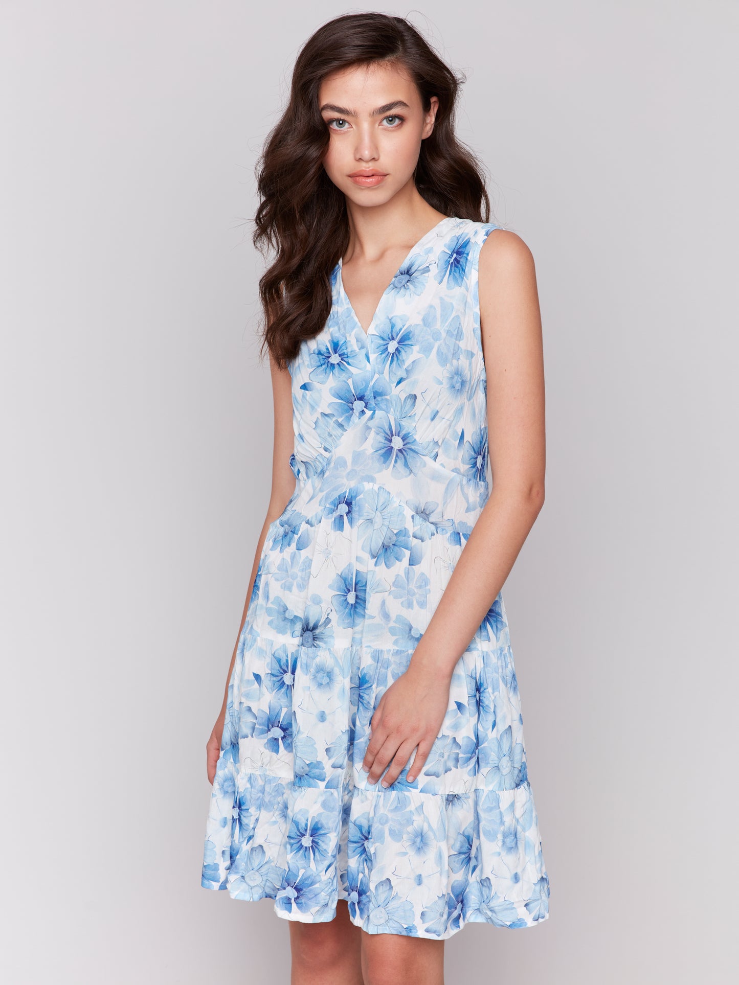Charlie B Printed Sleeveless V-Neck Tiered Dress Celestial C3210P-808B-P823