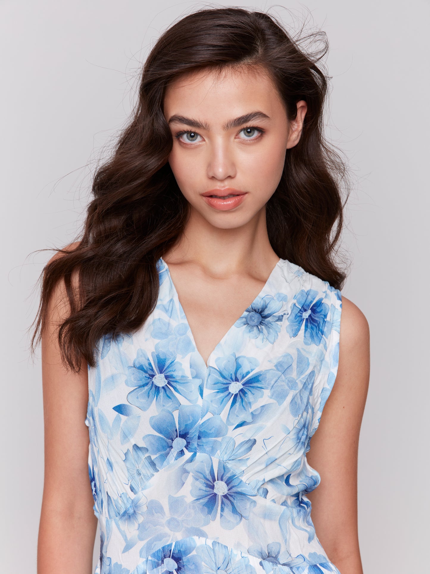 Charlie B Printed Sleeveless V-Neck Tiered Dress Celestial C3210P-808B-P823