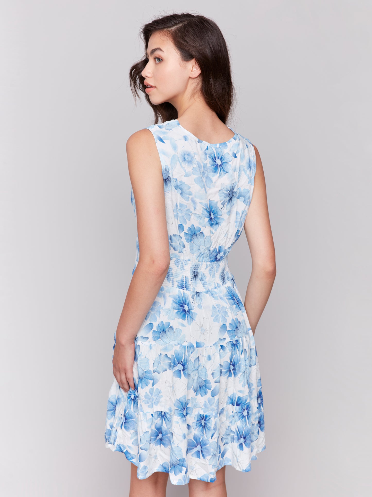 Charlie B Printed Sleeveless V-Neck Tiered Dress Celestial C3210P-808B-P823