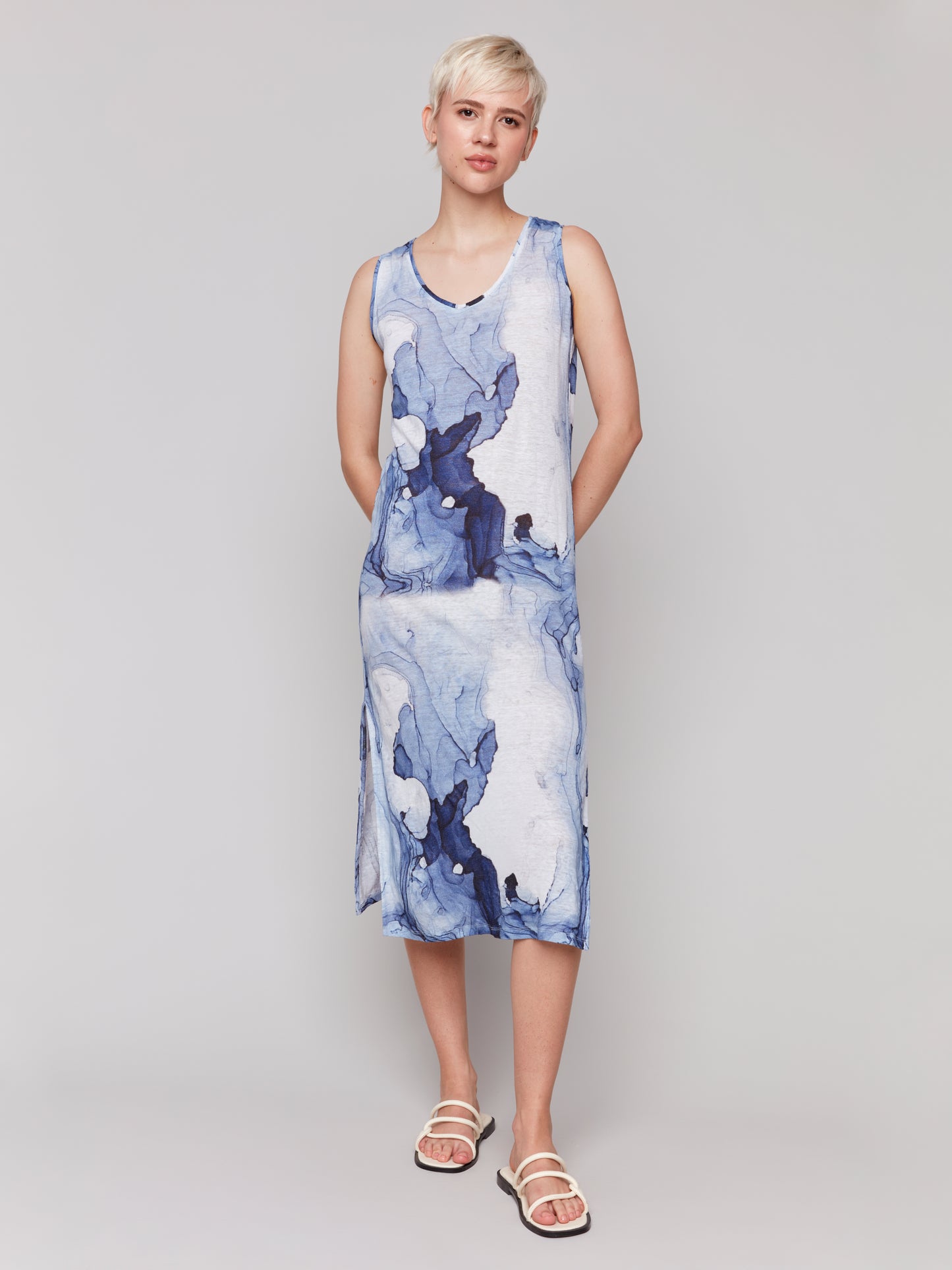 Charlie B Printed Sleeveless Linen Blend Dress w/Side Slits Ink C3213D-258C-P062