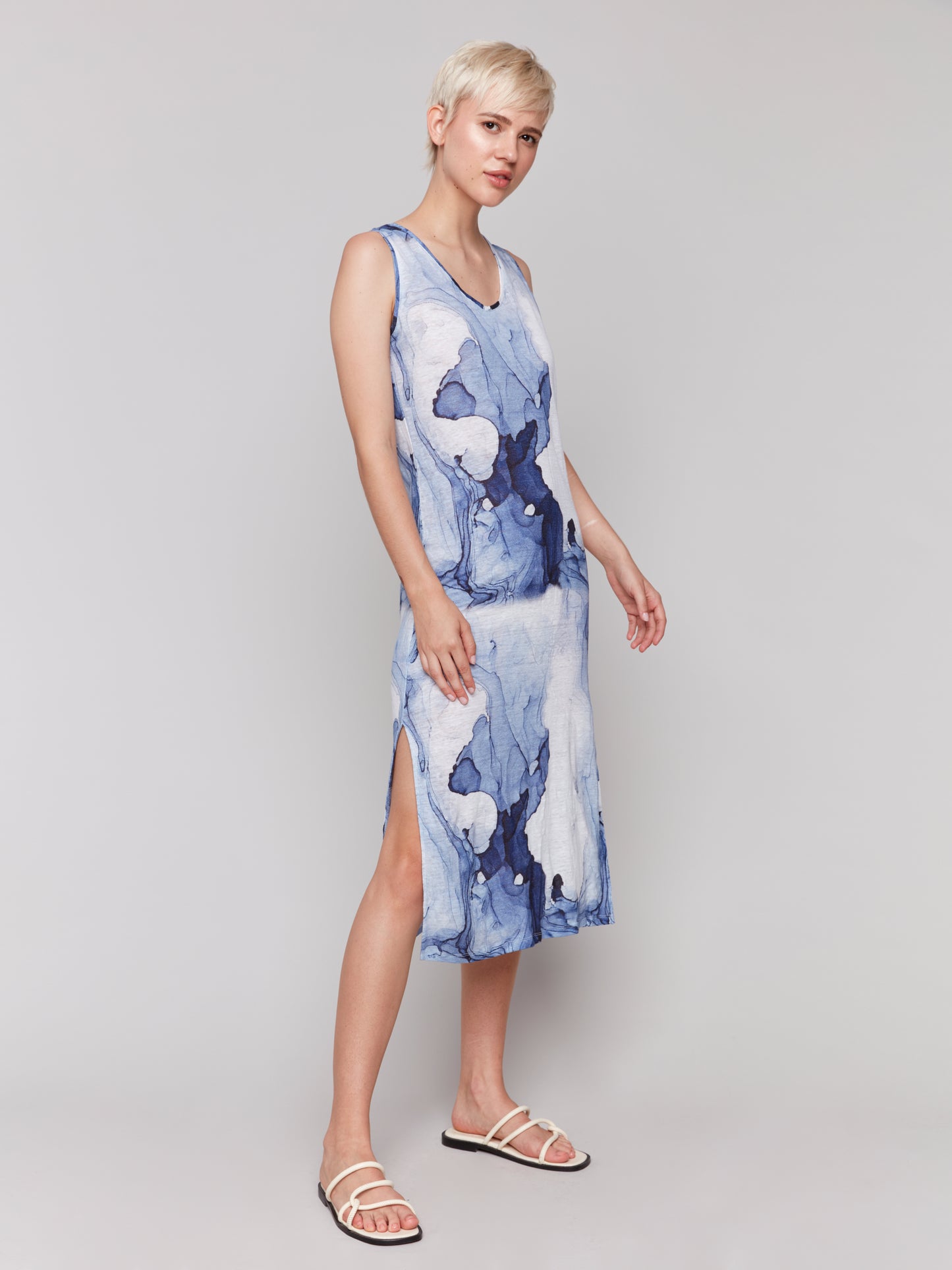Charlie B Printed Sleeveless Linen Blend Dress w/Side Slits Ink C3213D-258C-P062