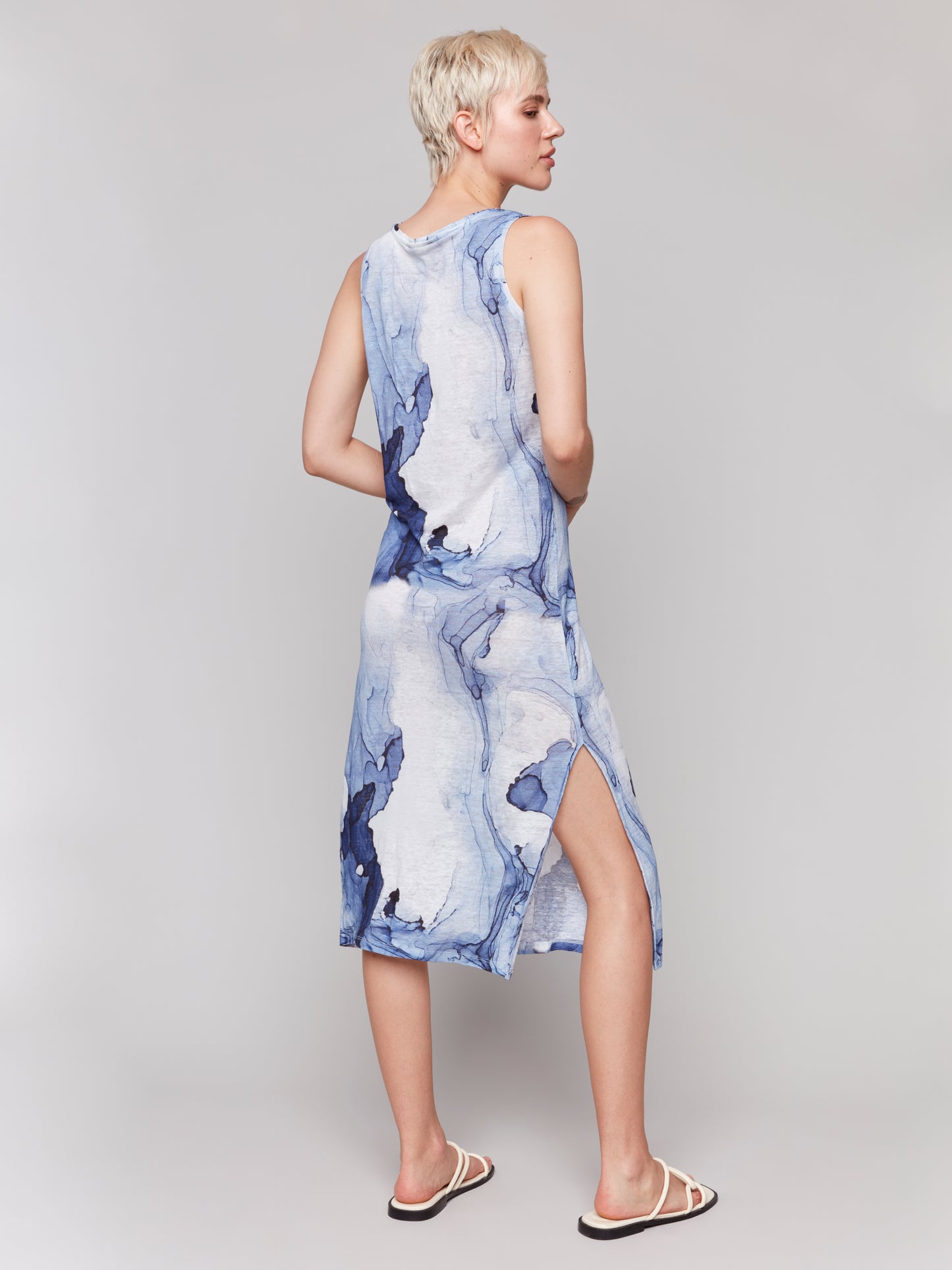 Charlie B Printed Sleeveless Linen Blend Dress w/Side Slits Ink C3213D-258C-P062