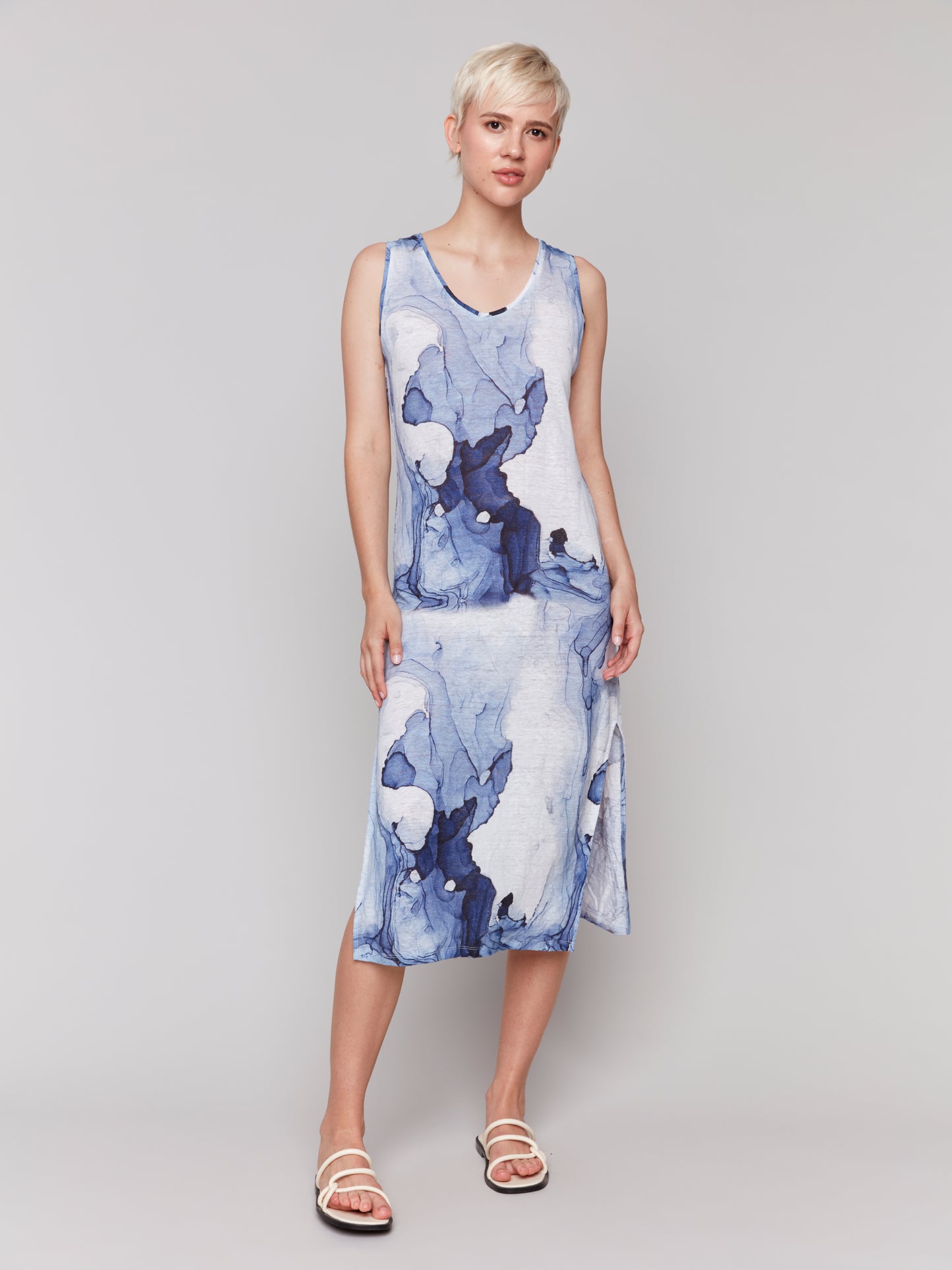 Charlie B Printed Sleeveless Linen Blend Dress w/Side Slits Ink C3213D-258C-P062