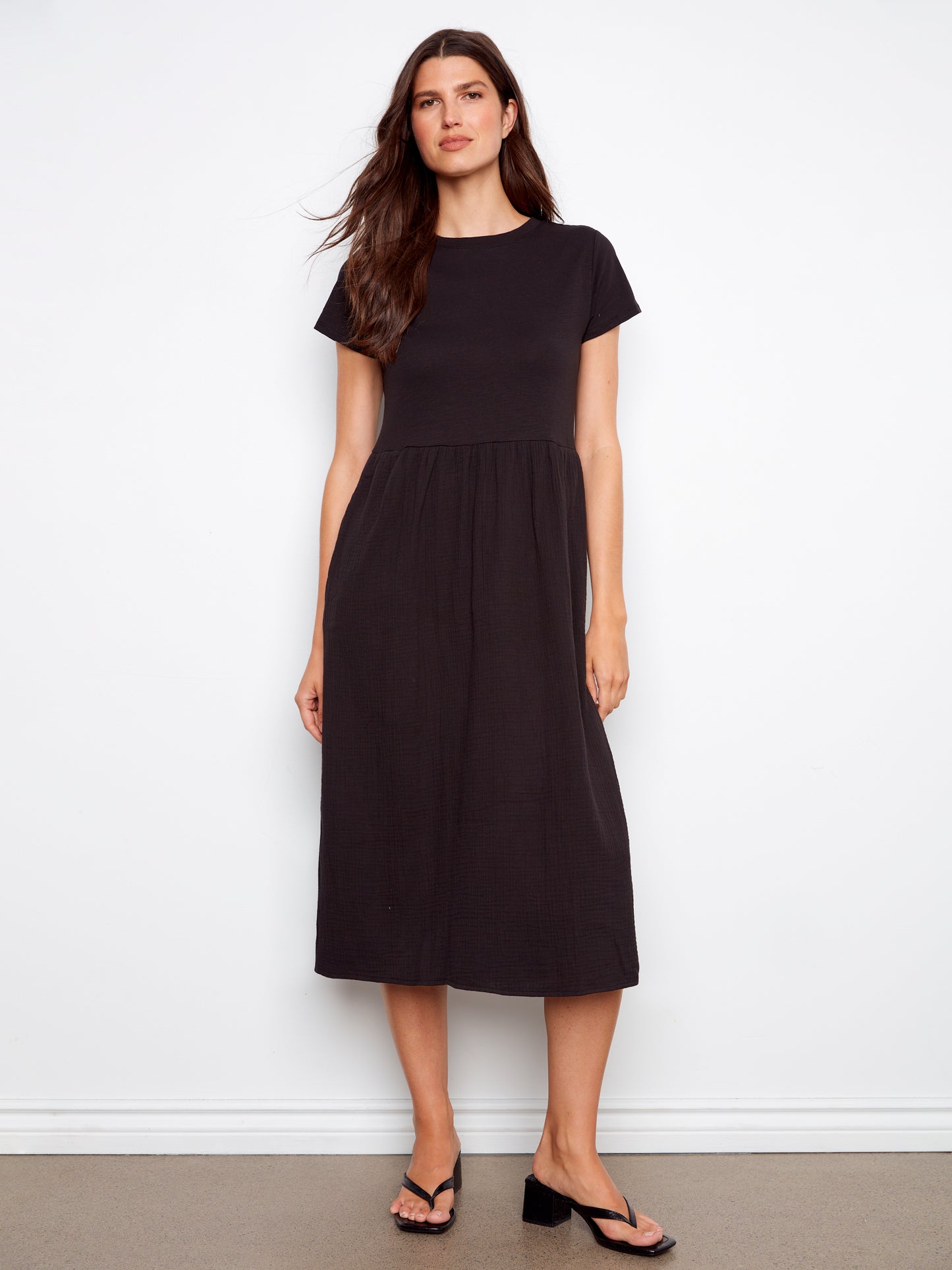 Charlie B Short Sleeve Crew Neck Long Dress Black C3232-050C-001