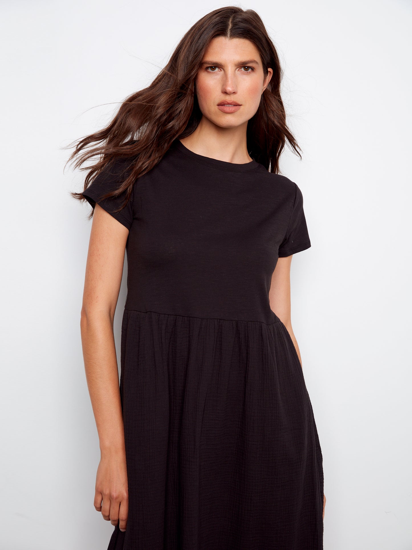 Charlie B Short Sleeve Crew Neck Long Dress Black C3232-050C-001