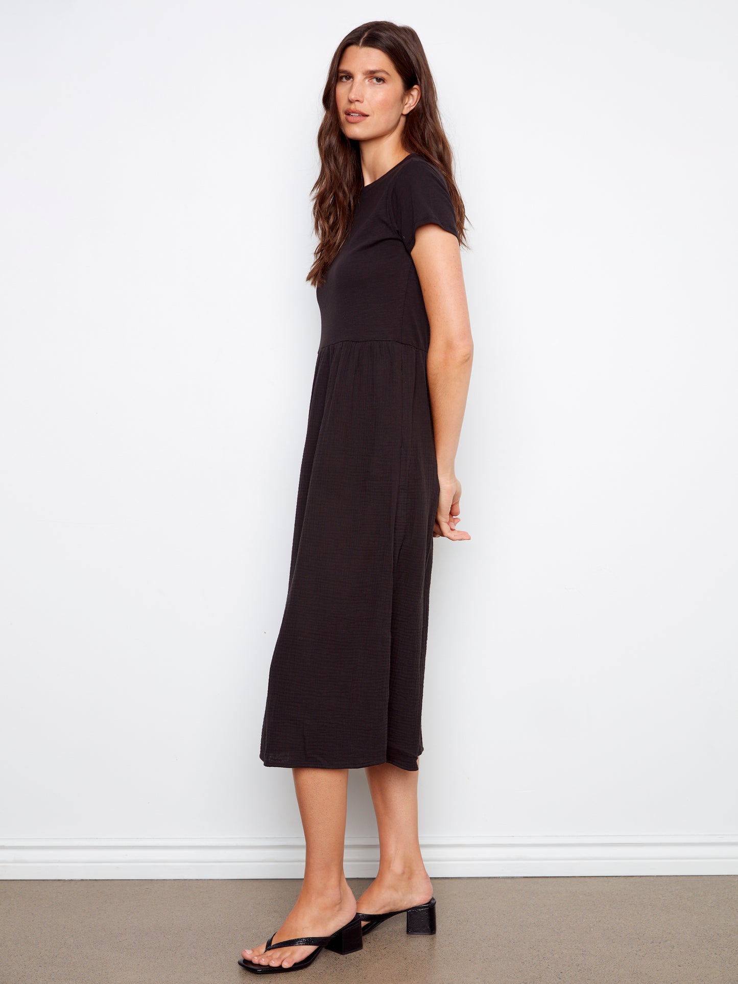 Charlie B Short Sleeve Crew Neck Long Dress Black C3232-050C-001