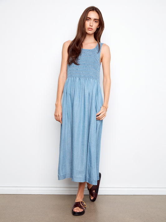 Charlie B Sleeveless Tencel Maxi Dress w/Smocked Bodice Soft Blue C3235-578C-996