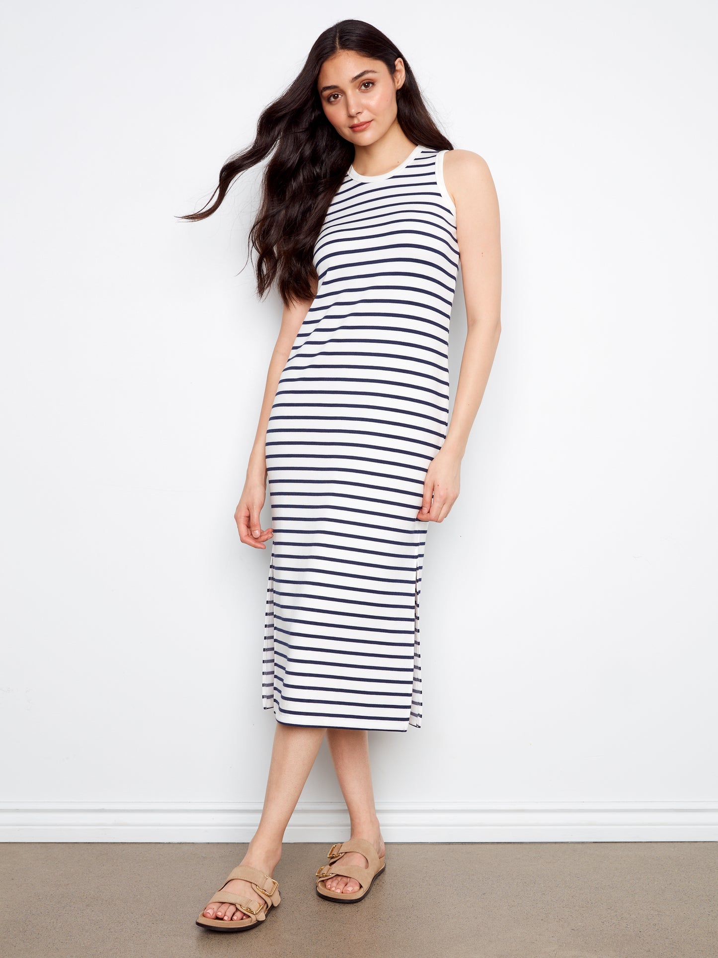 Charlie B Scuba Sleeveless Striped Yarn Dye Dress Denim C3246-571C-P006