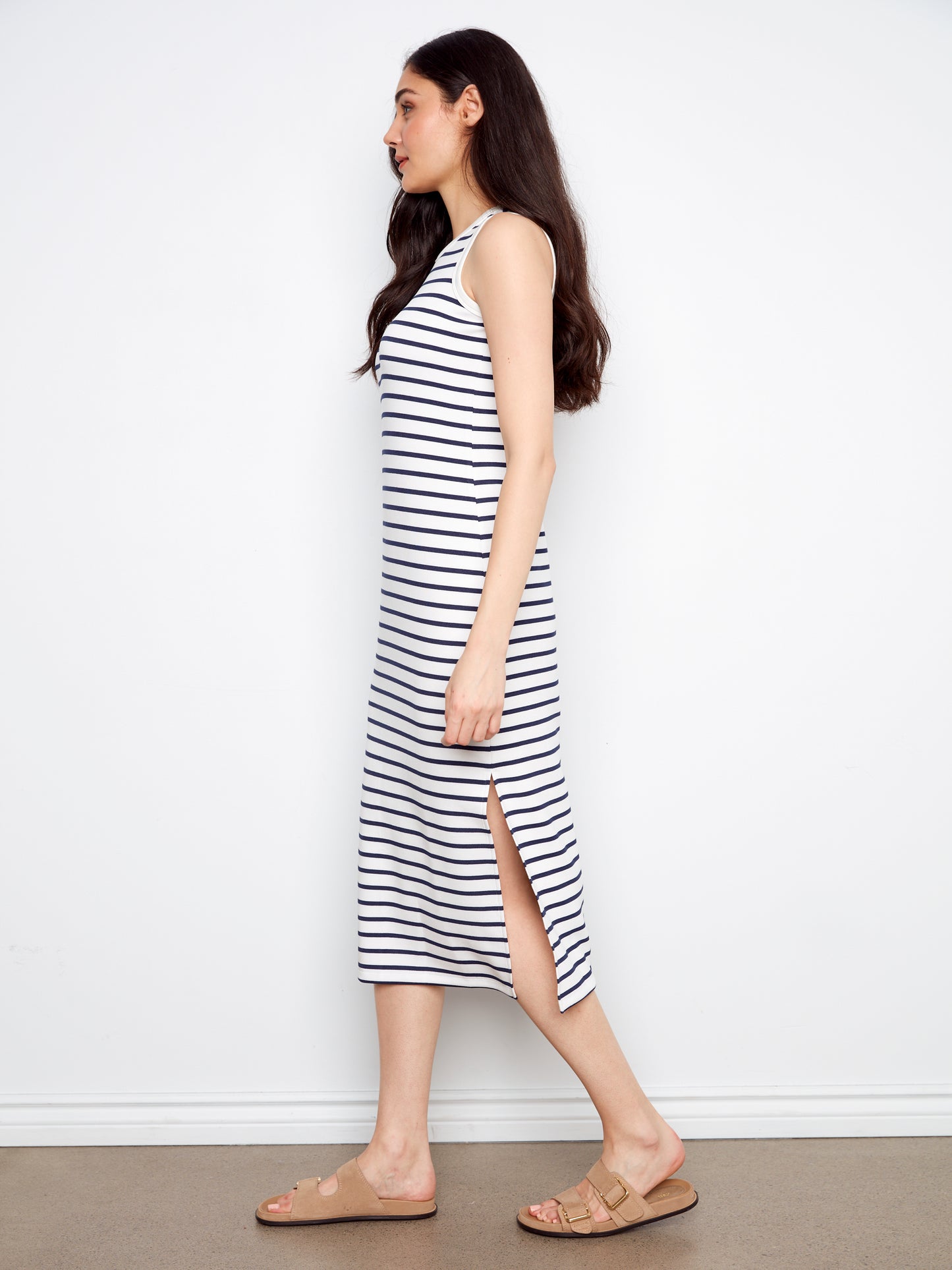 Charlie B Scuba Sleeveless Striped Yarn Dye Dress Denim C3246-571C-P006