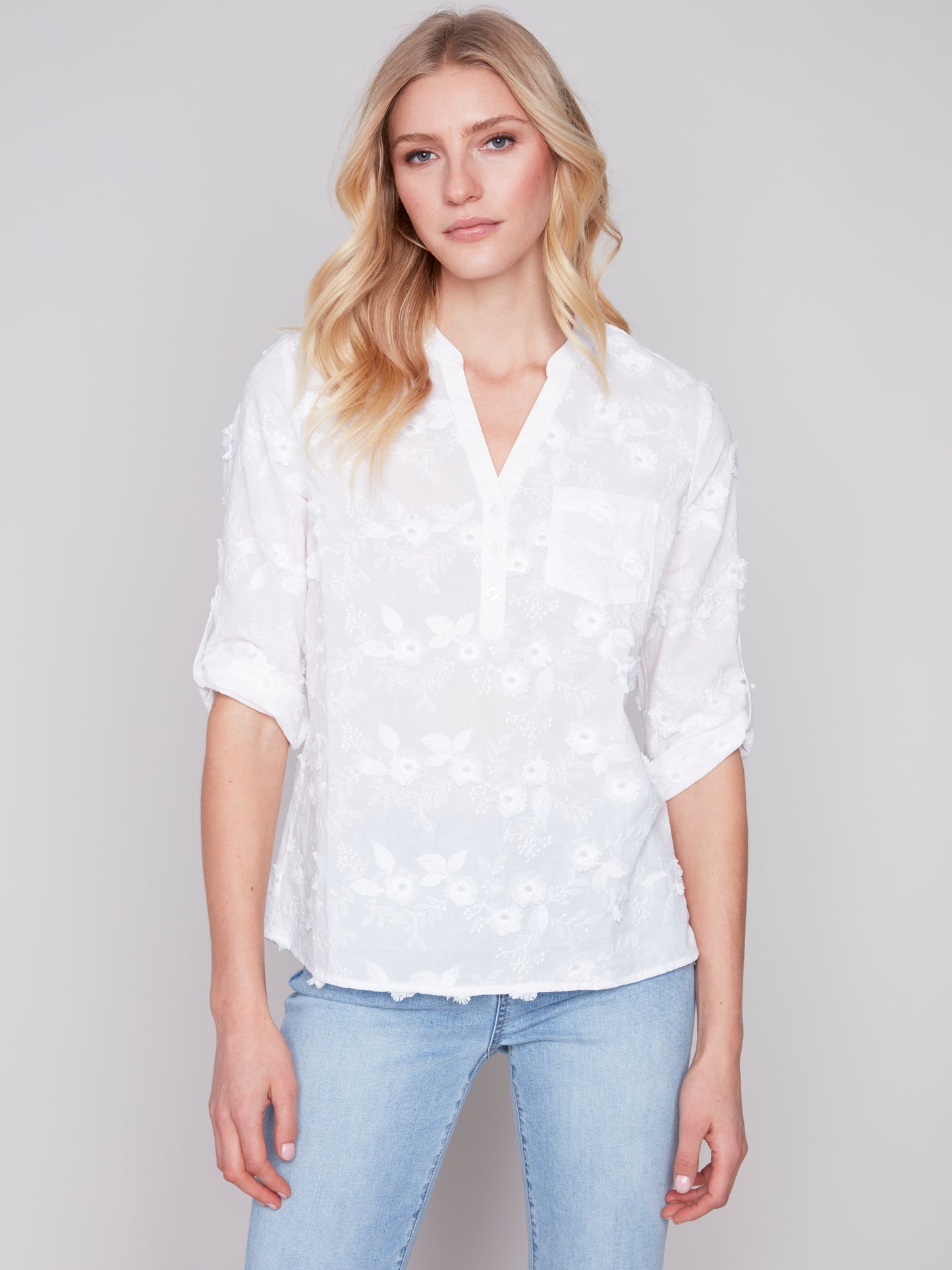 Charlie B Blouse w/Embroidery Detail White C4188RR-887B-002
