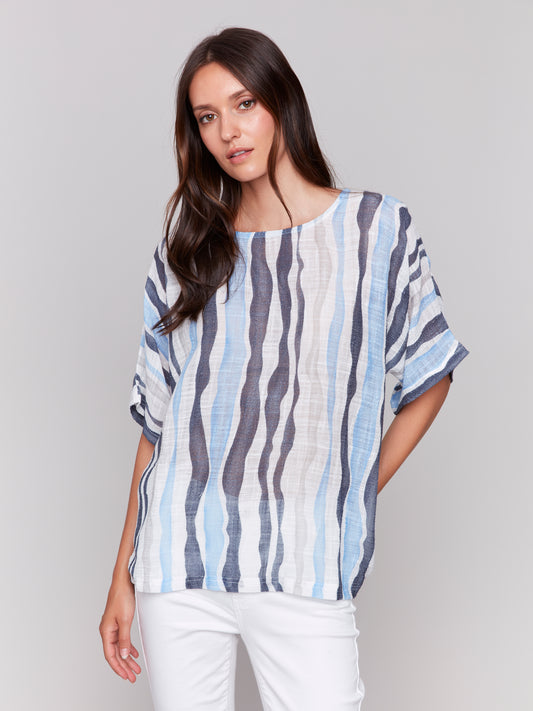 Charlie B Printed Cotton Gauze Dolman Blouse Surf C4296A-274C-P854
