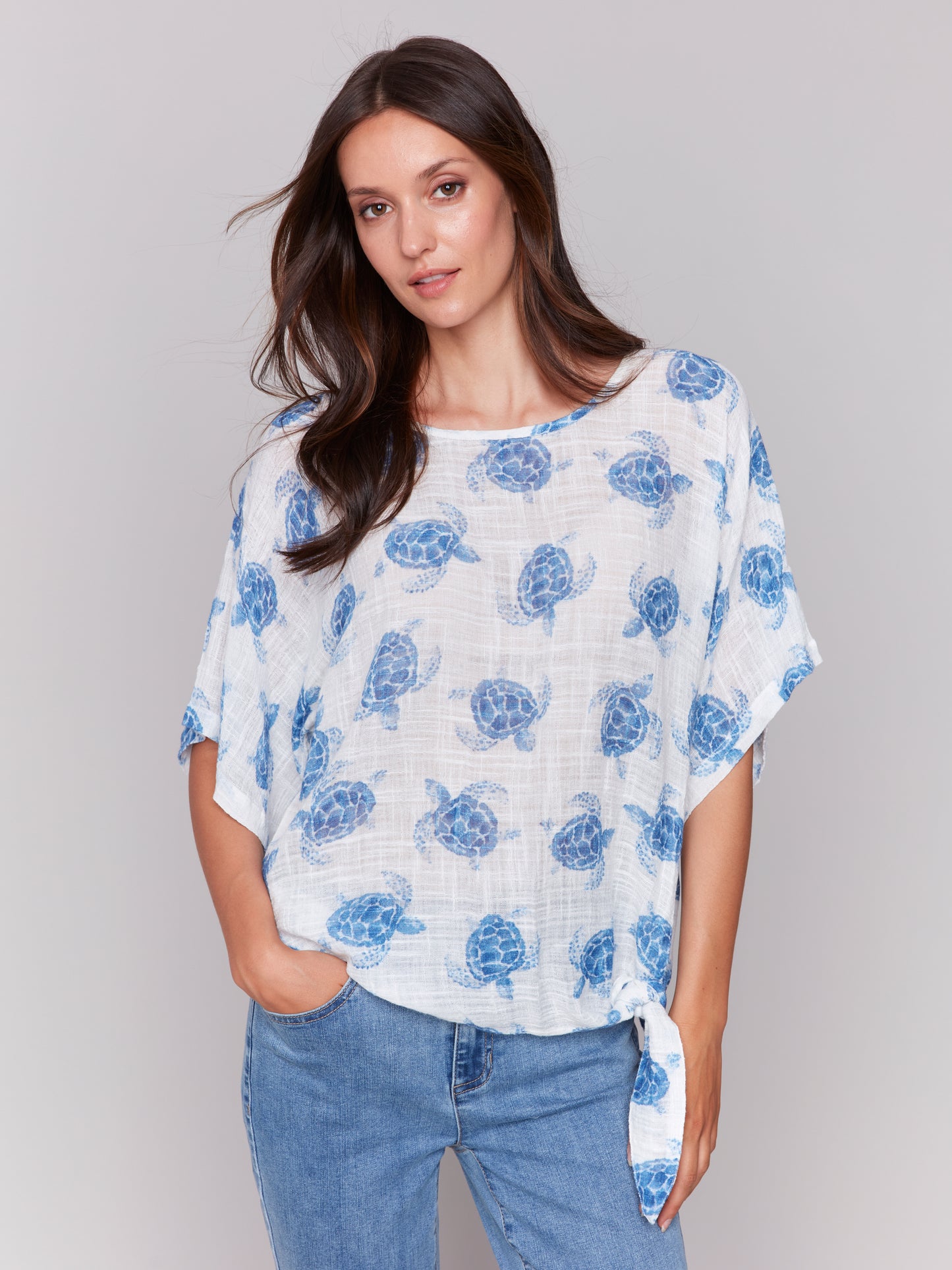 Charlie B Printed Cotton Gauze Blouse w/Side Tie Turtle C4403A-274C-P845