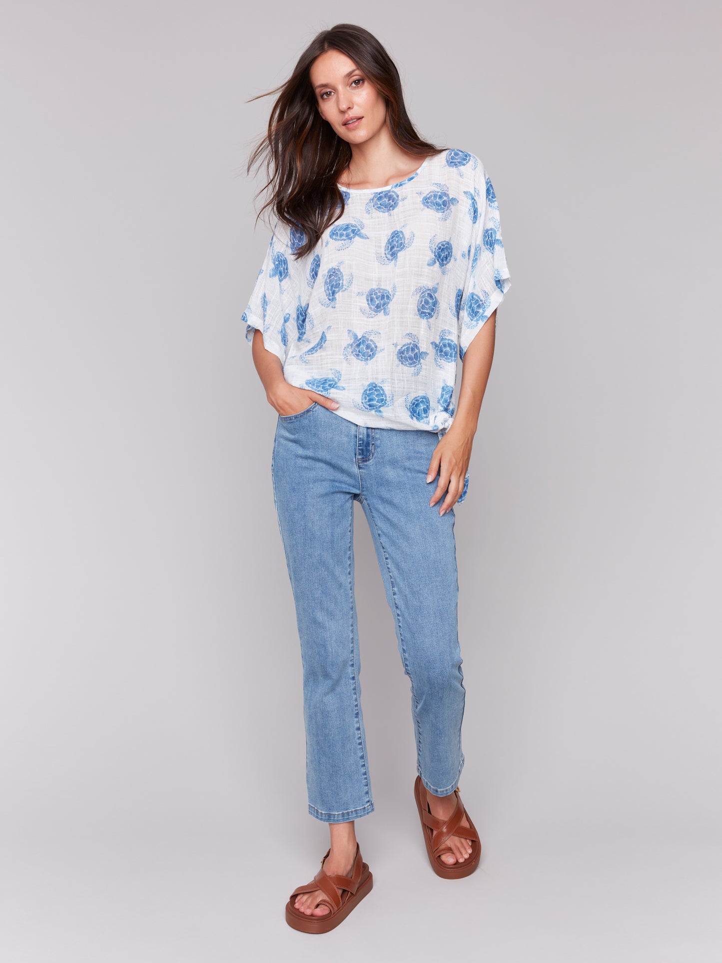 Charlie B Printed Cotton Gauze Blouse w/Side Tie Turtle C4403A-274C-P845