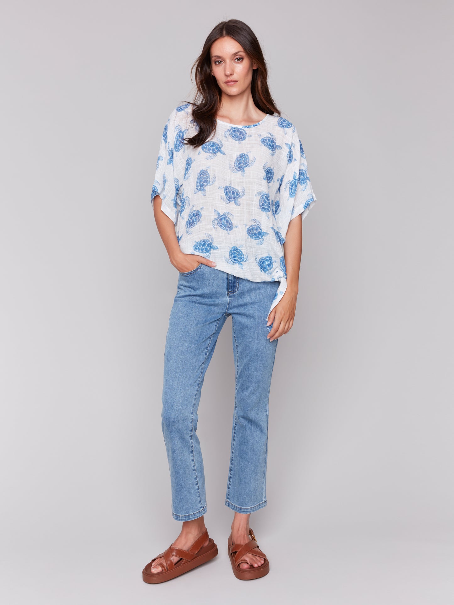 Charlie B Printed Cotton Gauze Blouse w/Side Tie Turtle C4403A-274C-P845