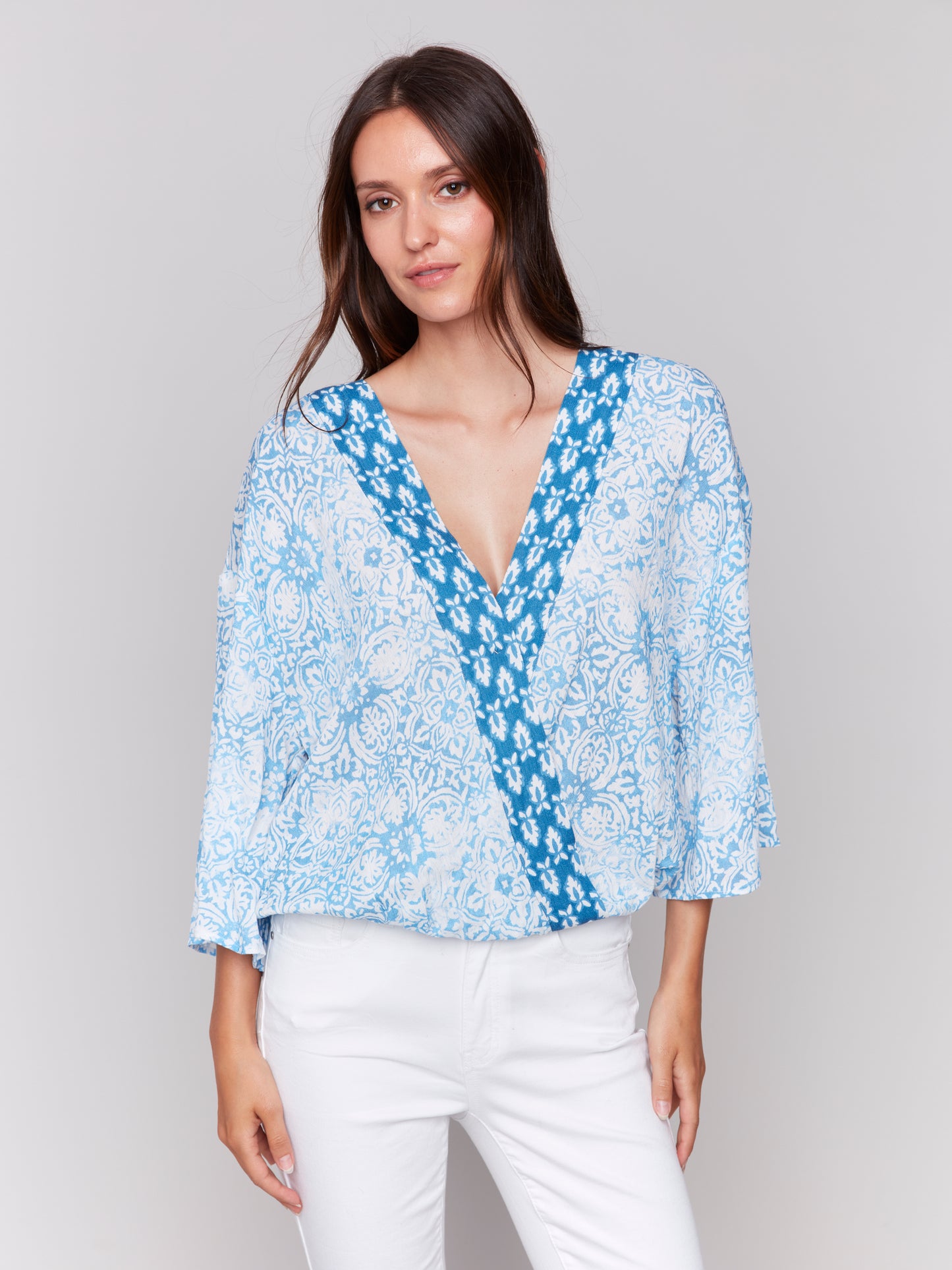 Charlie B Printed Overlap Blouse Denim C4466P-496B-P006