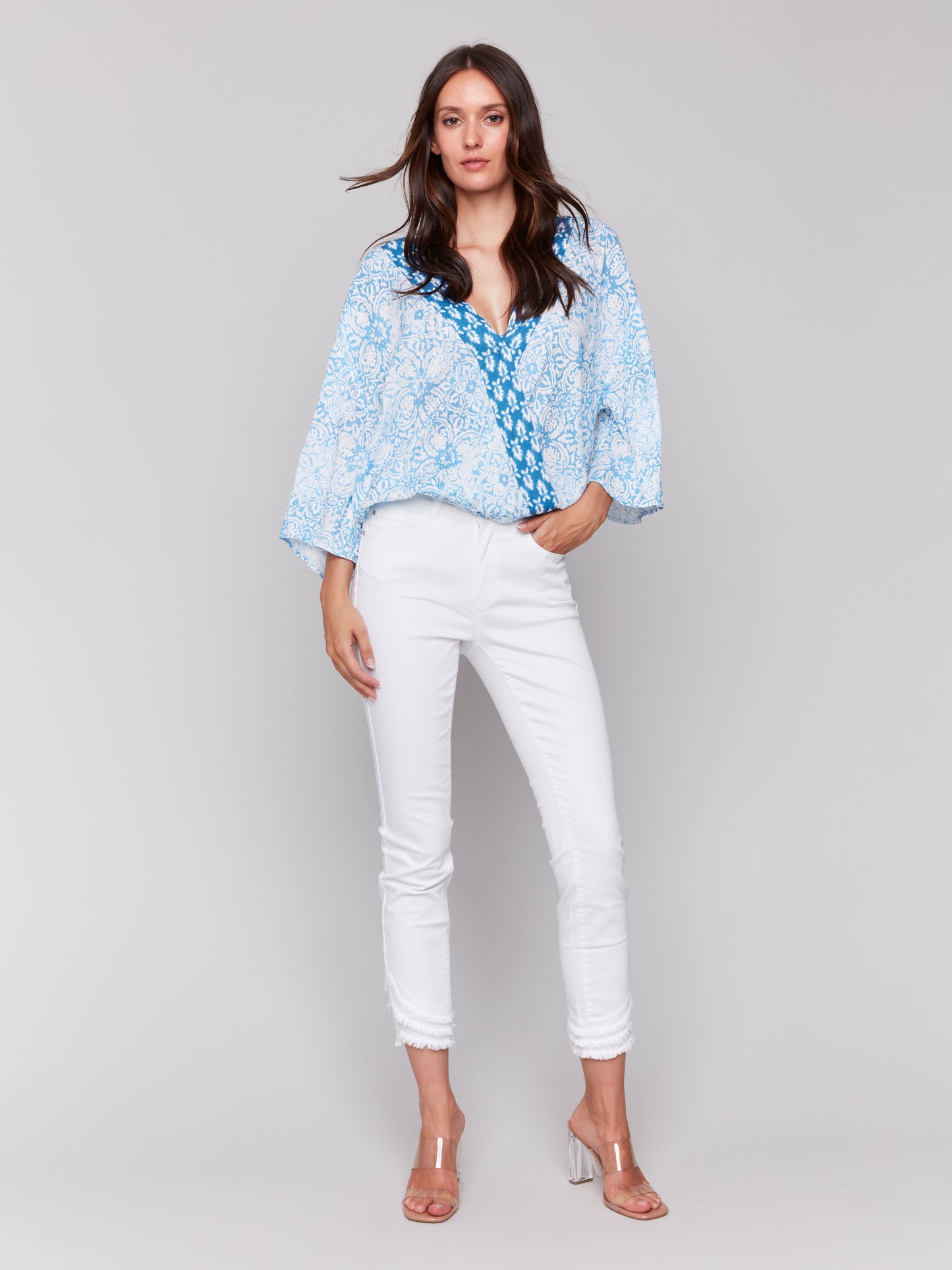 Charlie B Printed Overlap Blouse Denim C4466P-496B-P006