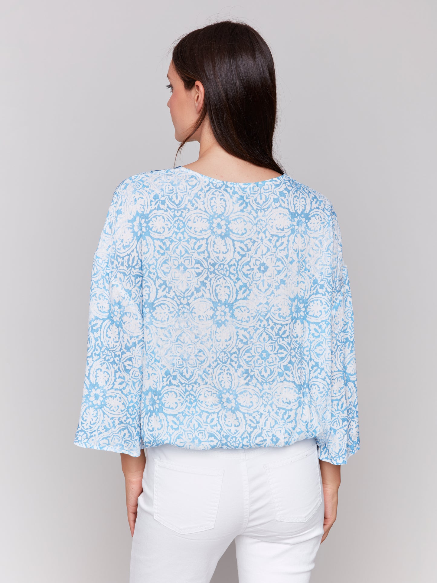 Charlie B Printed Overlap Blouse Denim C4466P-496B-P006