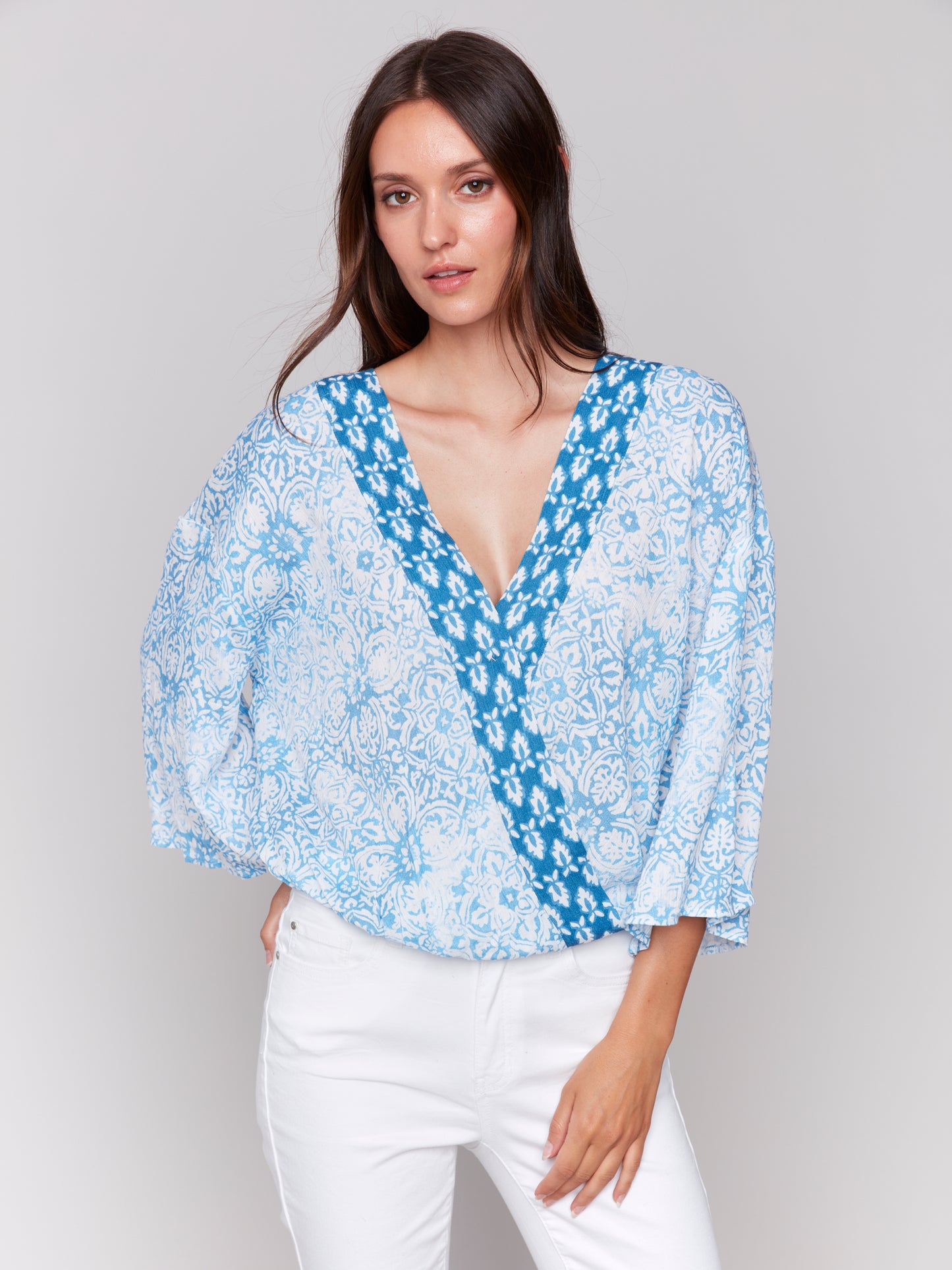 Charlie B Printed Overlap Blouse Denim C4466P-496B-P006