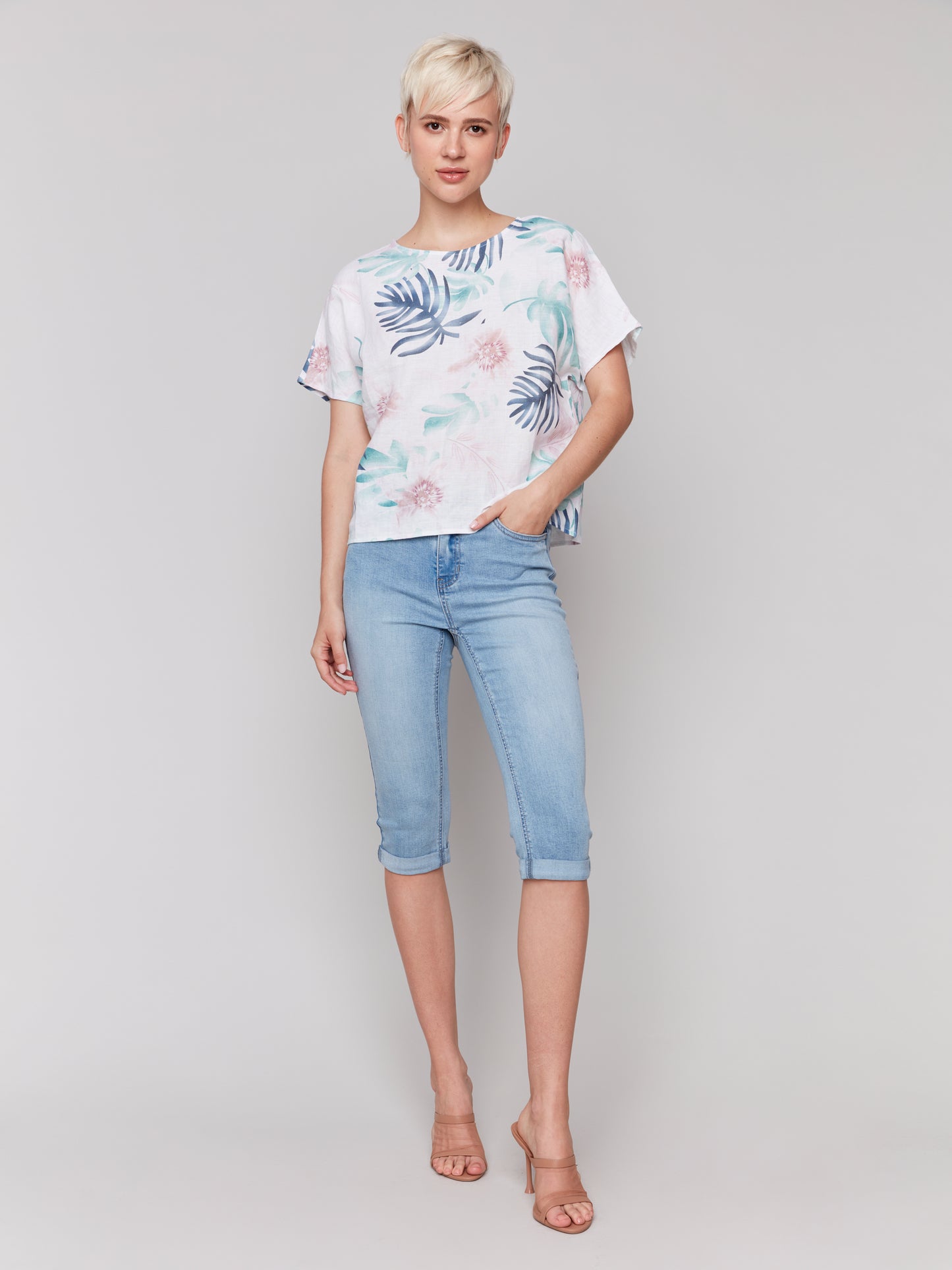 Charlie B Printed Linen Dolman Top Lush C4487P-032B-P830