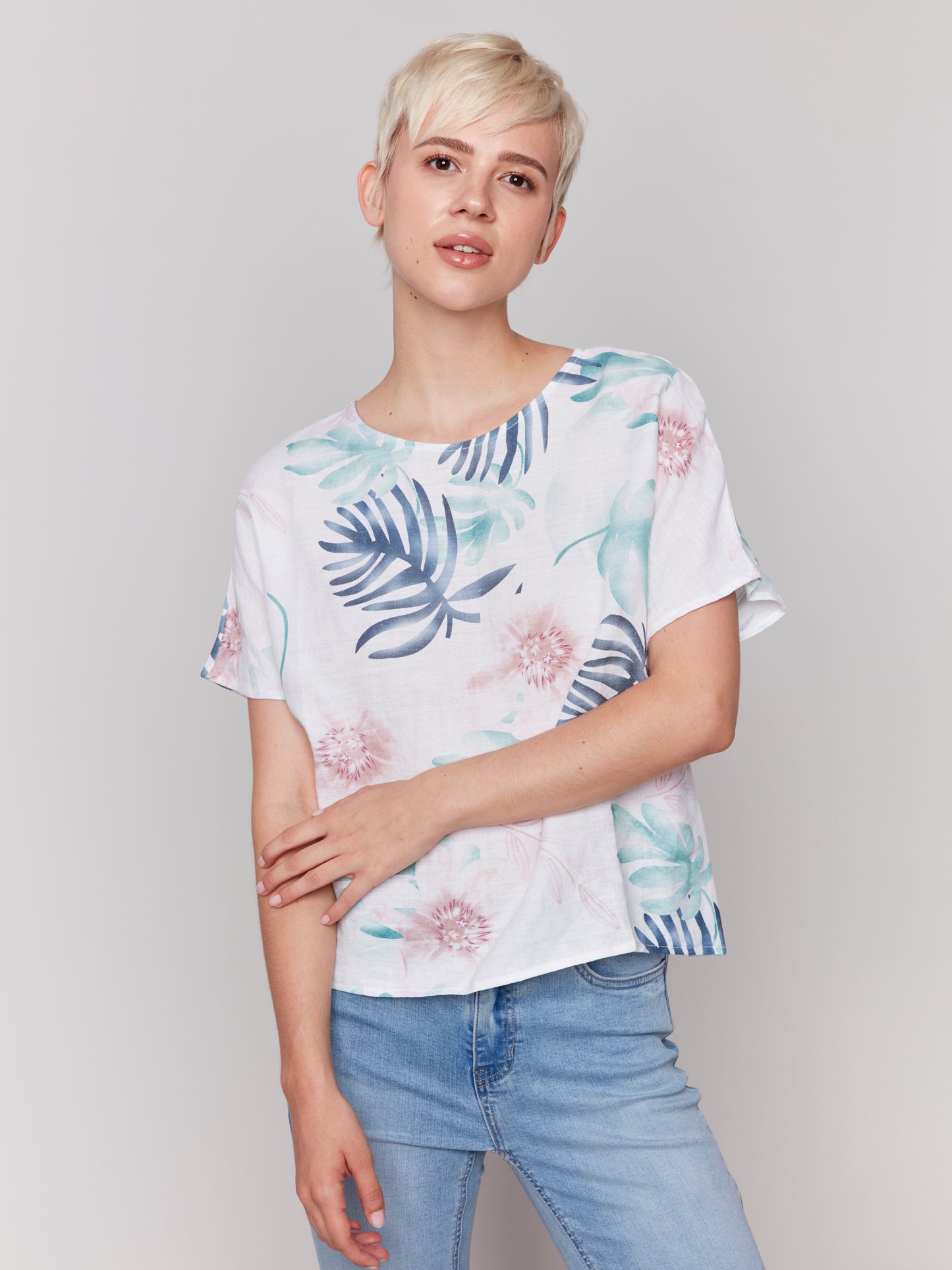 Charlie B Printed Linen Dolman Top Lush C4487P-032B-P830