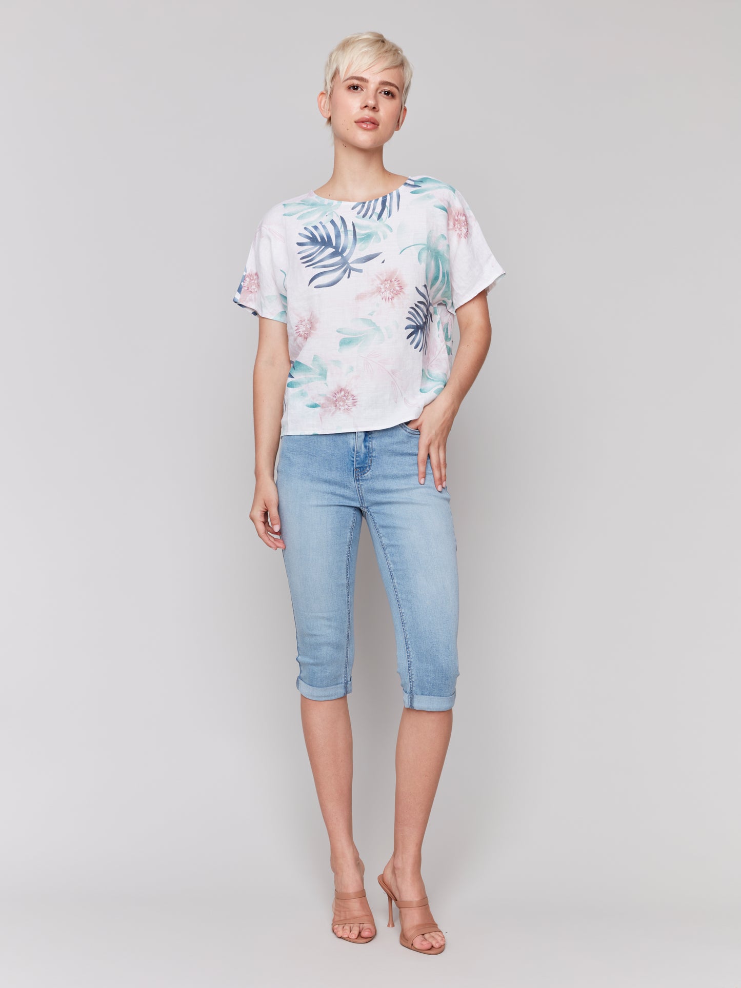 Charlie B Printed Linen Dolman Top Lush C4487P-032B-P830