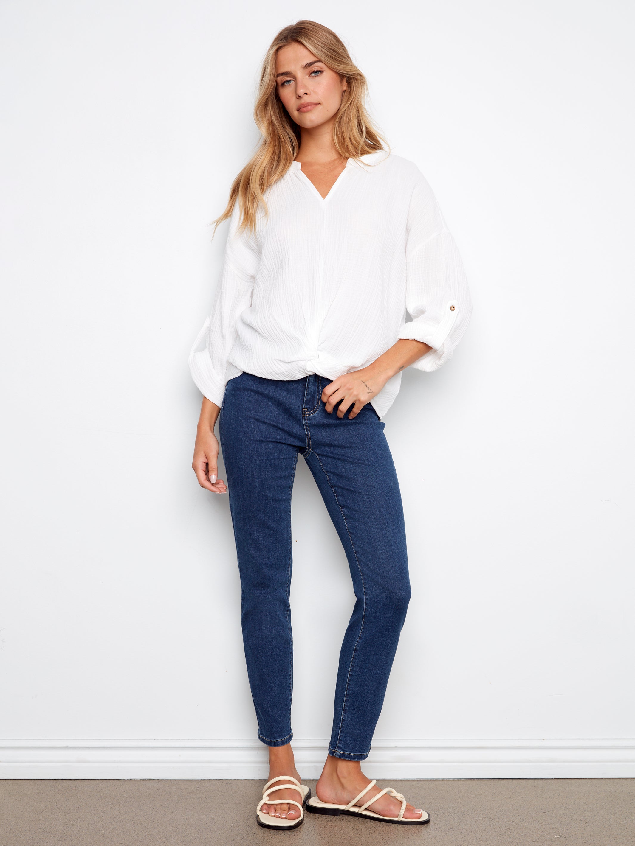 Charlie B Long Roll Up Sleeve Split Neck Blouse w/Front Knot