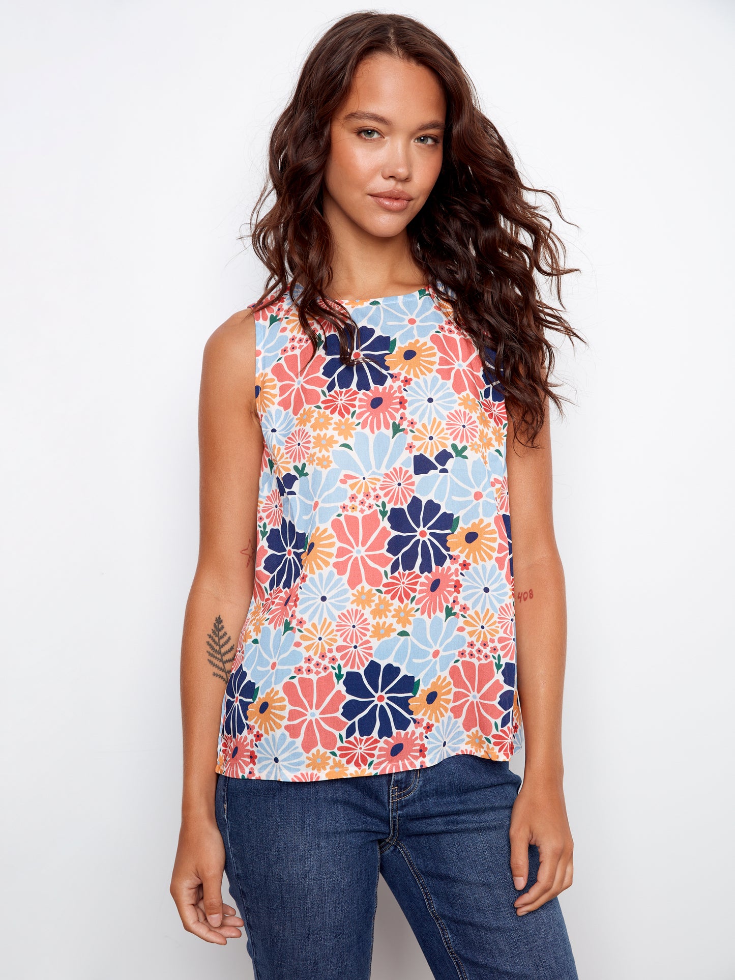 Charlie B Printed Sleeveless Blouse w/Back Keyhole Retro C4512RR-808B-P203