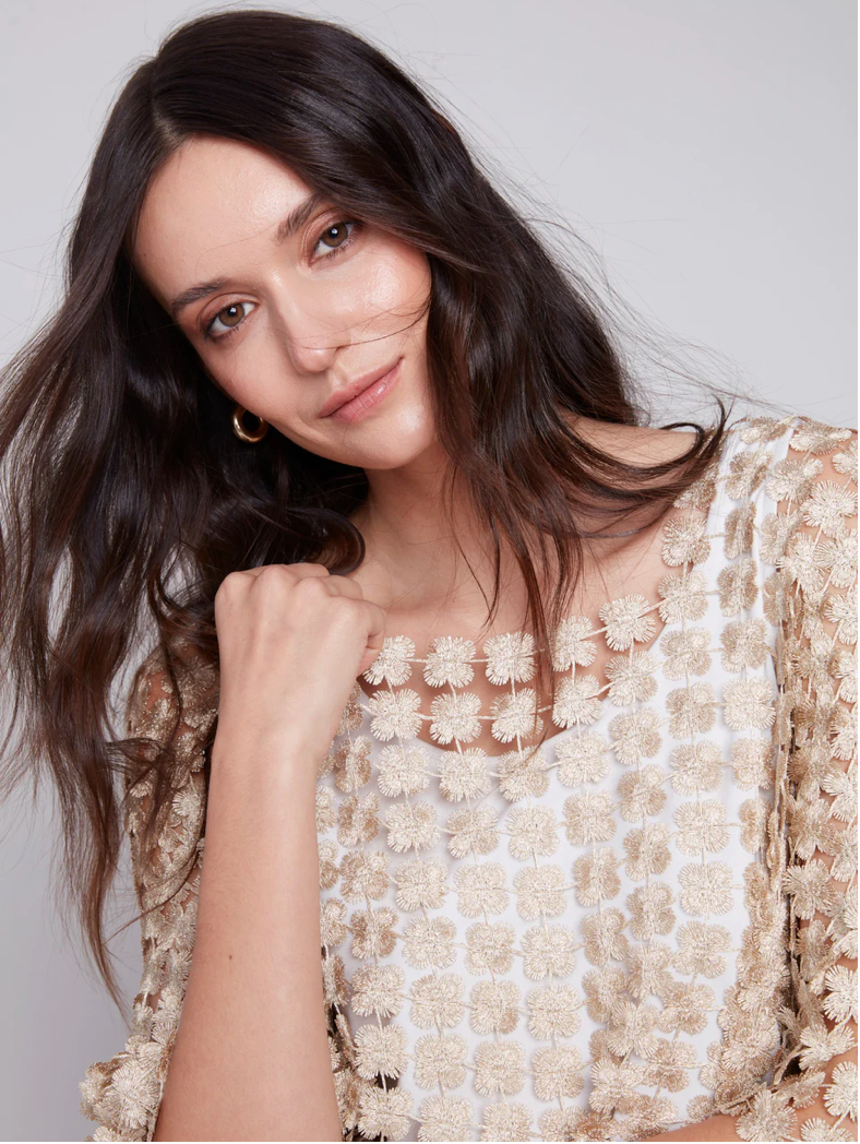 Charlie B Flower Embroidery Blouse Gold C4545-883B-515