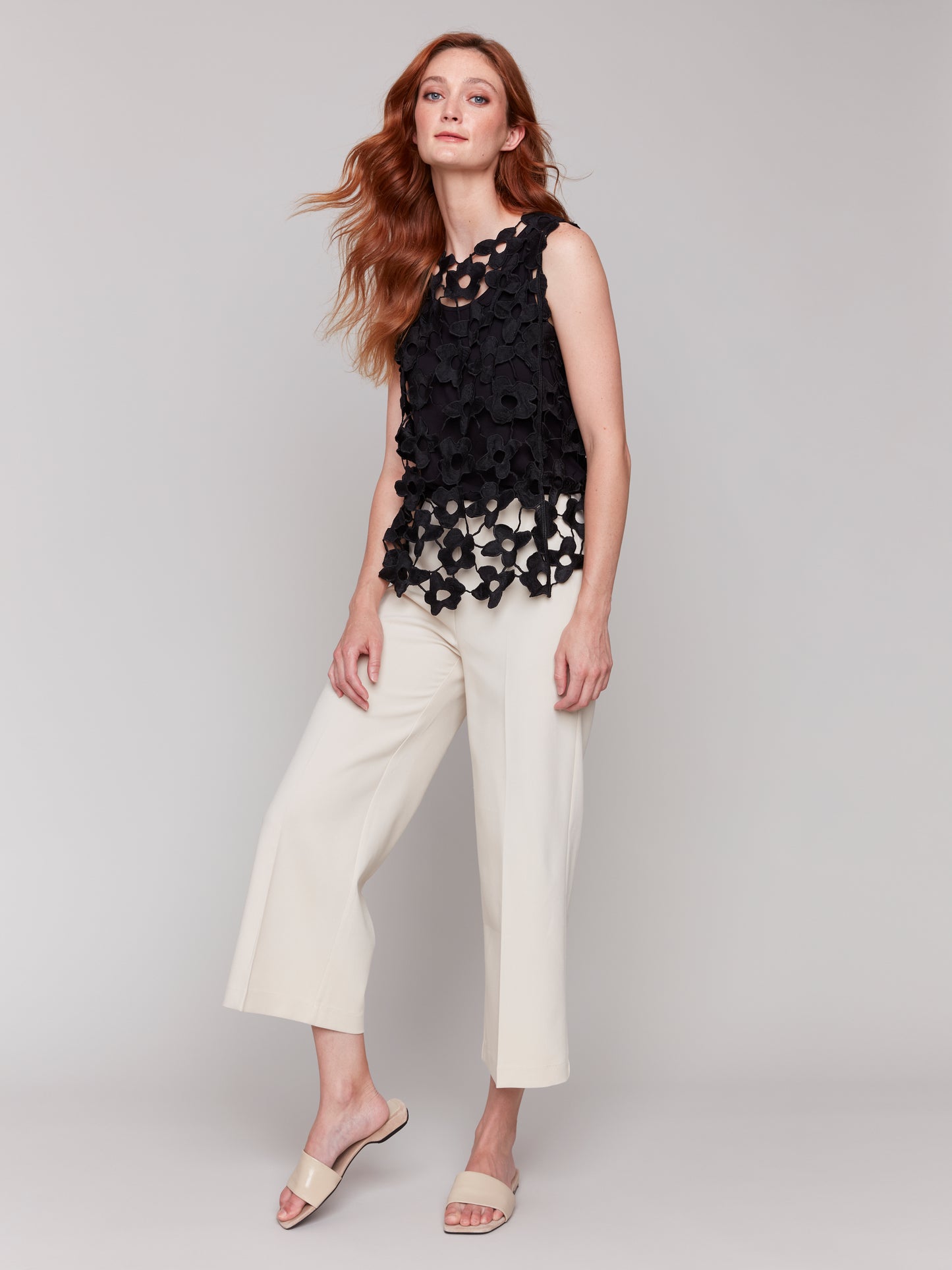 Charlie B Floral Crochet Sleeveless Top Black C4566-135C-001