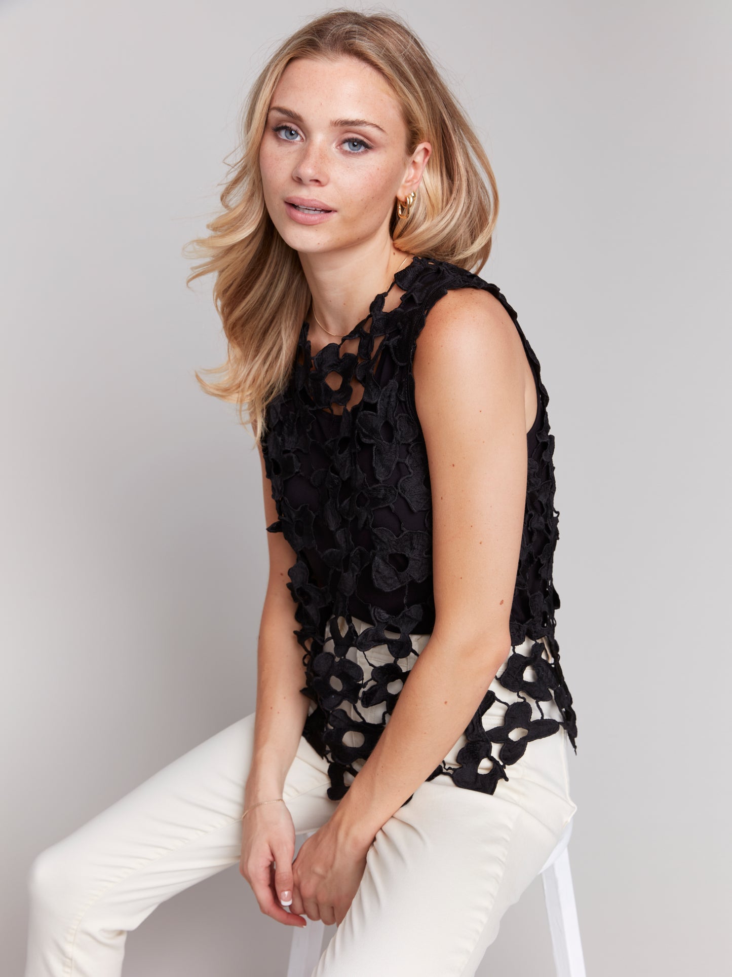 Charlie B Floral Crochet Sleeveless Top Black C4566-135C-001