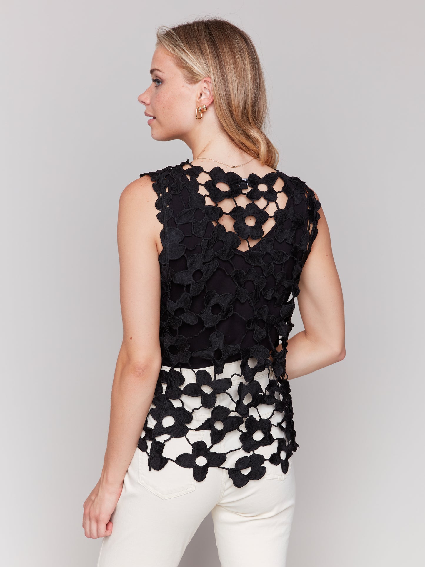 Charlie B Floral Crochet Sleeveless Top Black C4566-135C-001