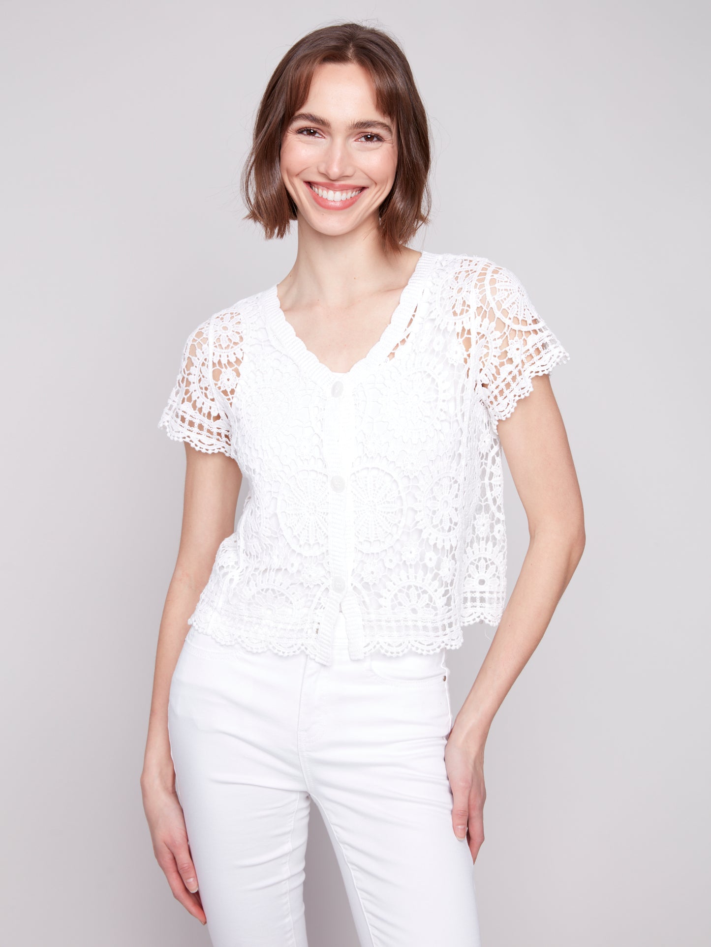 Charlie B Short Sleeve Crochet Bolero Cardigan White C4584-174C-002