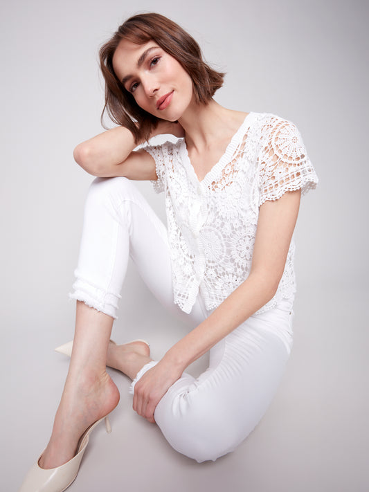 Charlie B Short Sleeve Crochet Bolero Cardigan White C4584-174C-002
