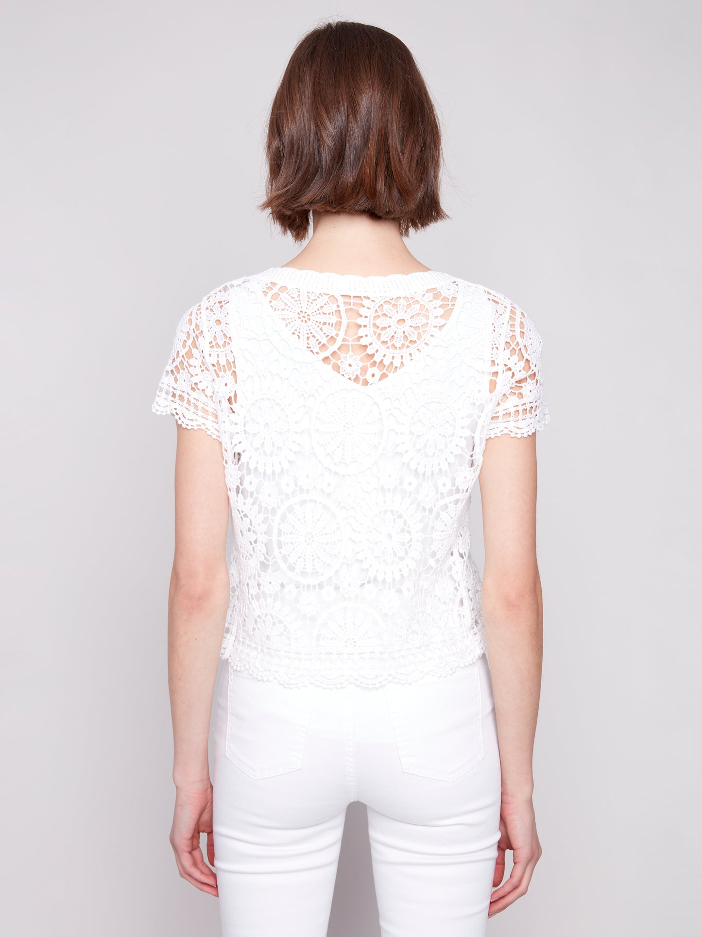 Charlie B Short Sleeve Crochet Bolero Cardigan White C4584-174C-002