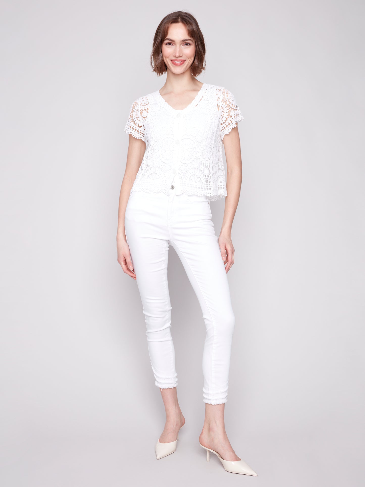 Charlie B Short Sleeve Crochet Bolero Cardigan White C4584-174C-002