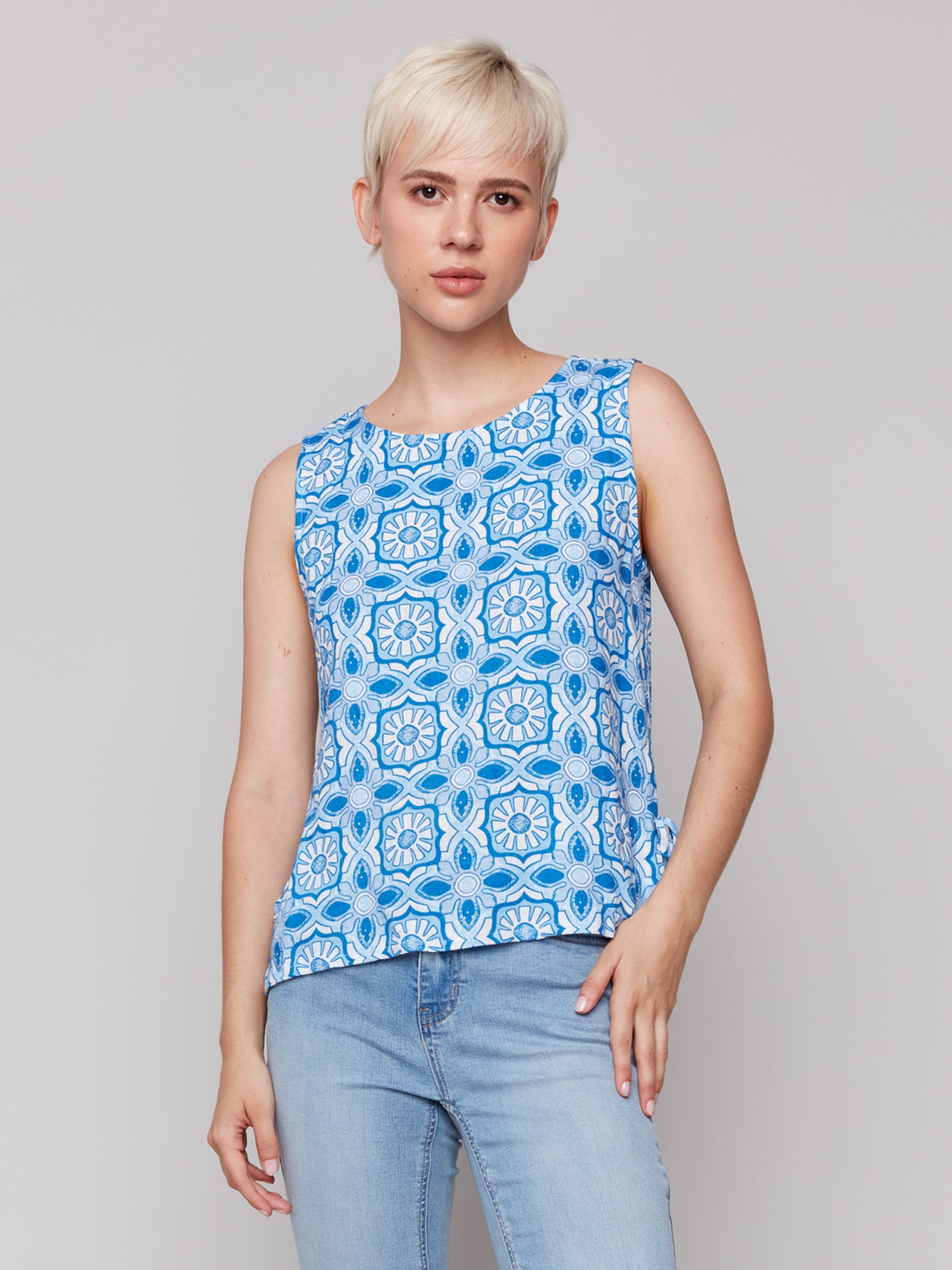 Charlie B Printed Sleeveless Linen Blend Top w/Side Ties Illusion C4592-787A-P832