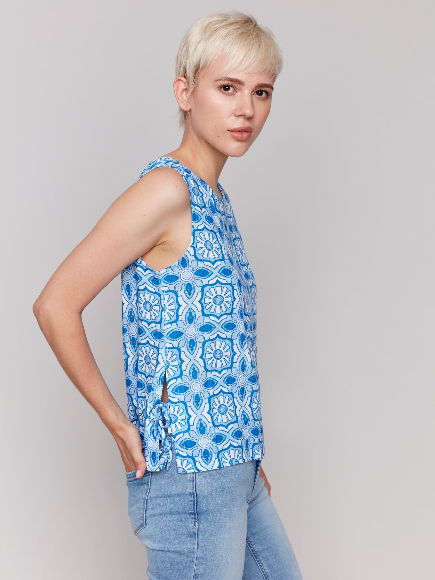 Charlie B Printed Sleeveless Linen Blend Top w/Side Ties Illusion C4592-787A-P832
