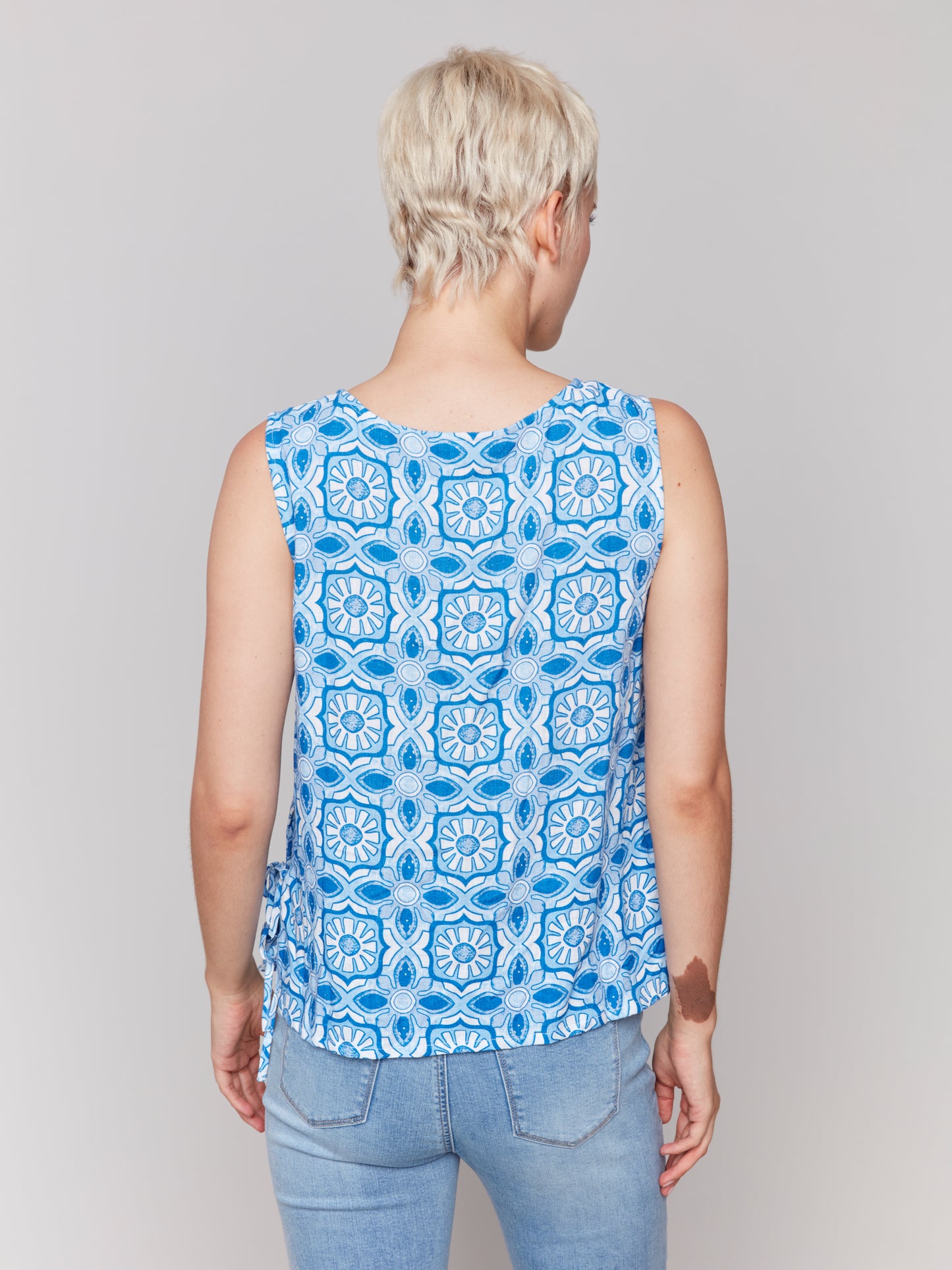 Charlie B Printed Sleeveless Linen Blend Top w/Side Ties Illusion C4592-787A-P832