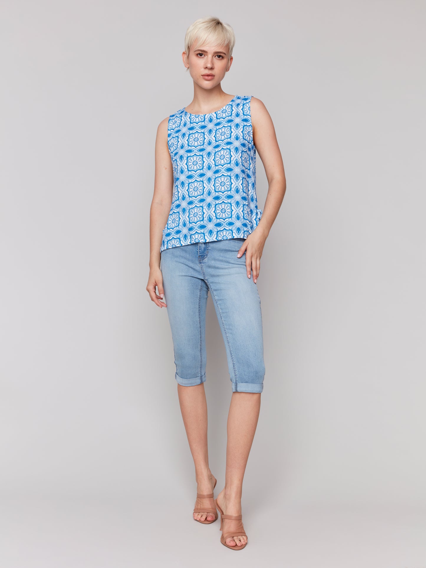 Charlie B Printed Sleeveless Linen Blend Top w/Side Ties Illusion C4592-787A-P832
