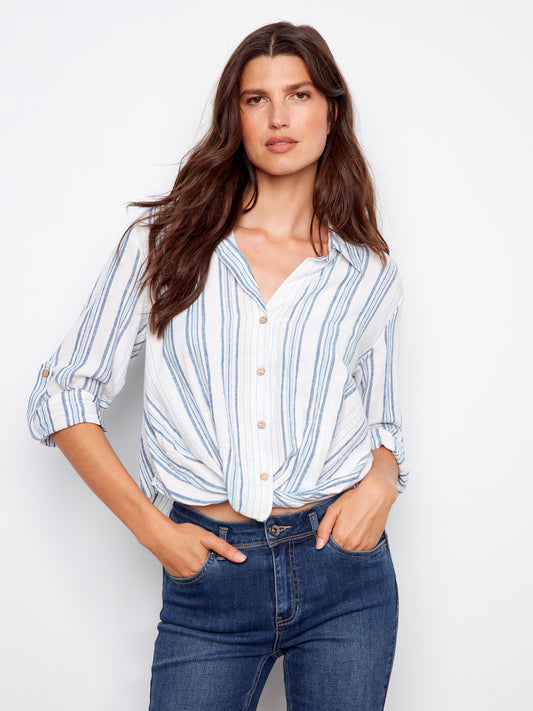 Charlie B Yarn Dye Stripe Twist Front Shirt w/Roll-up Long Sleeves Denim C4604R-486C-P006