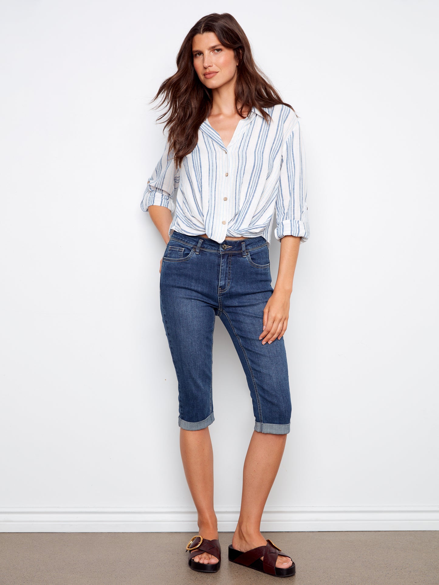 Charlie B Yarn Dye Stripe Twist Front Shirt w/Roll-up Long Sleeves Denim C4604R-486C-P006