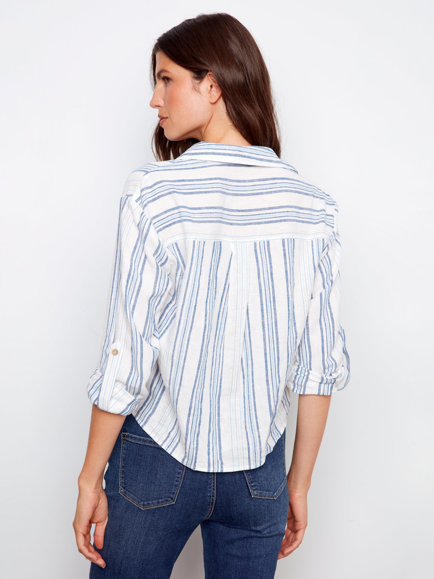 Charlie B Yarn Dye Stripe Twist Front Shirt w/Roll-up Long Sleeves Denim C4604R-486C-P006